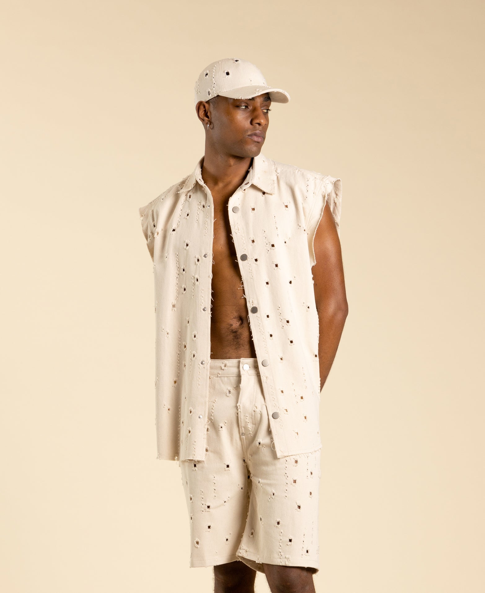Cream denim cotton baseball cap