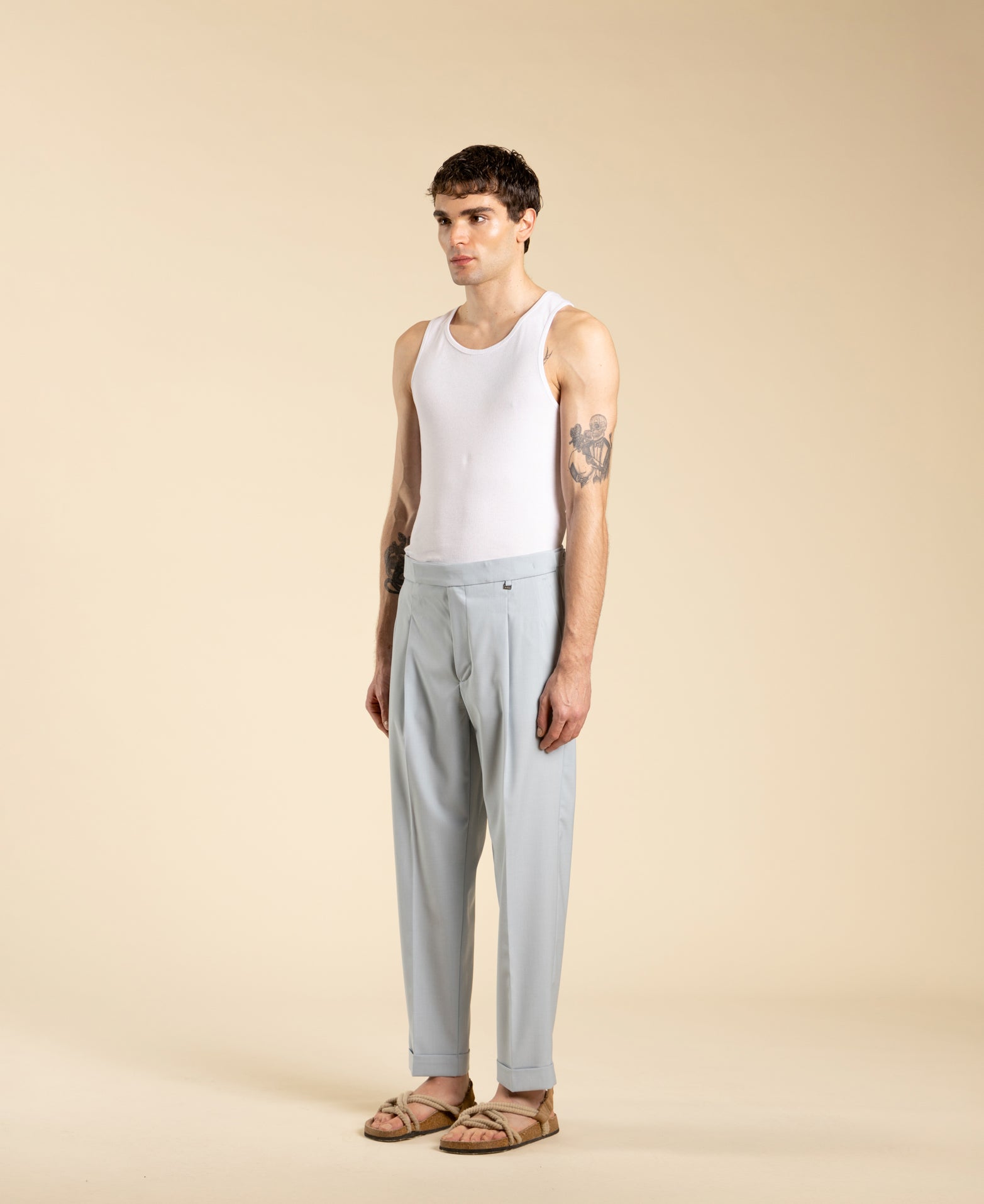 Regular fit double pleat trousers - Powder