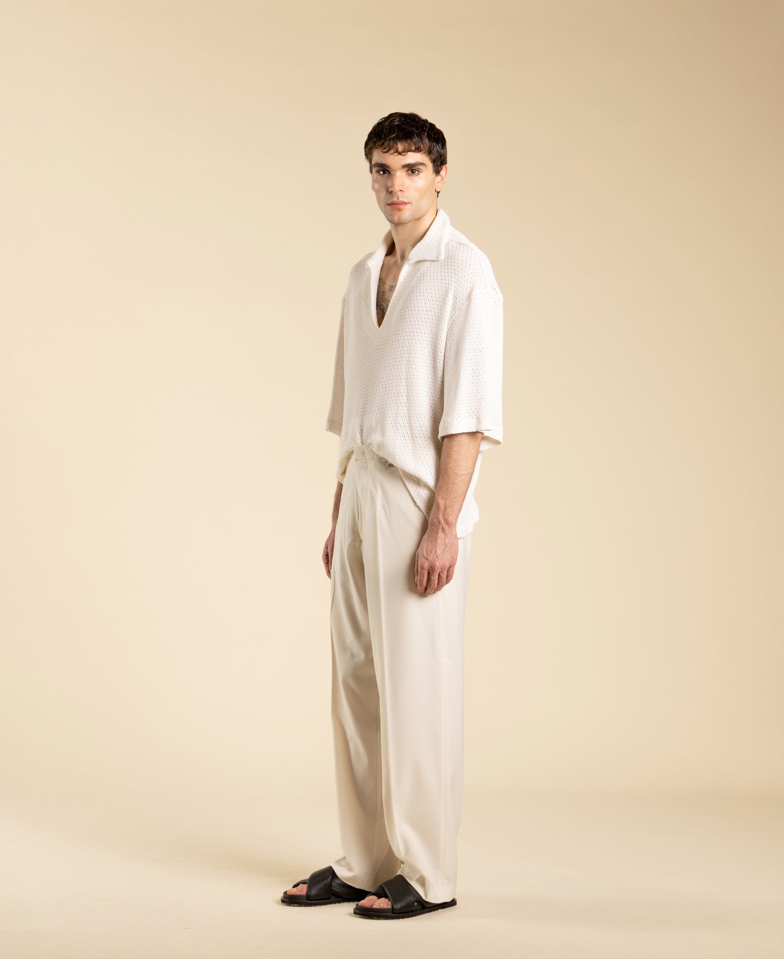 Wide-Neck Cotton Polo Shirt - Cream
