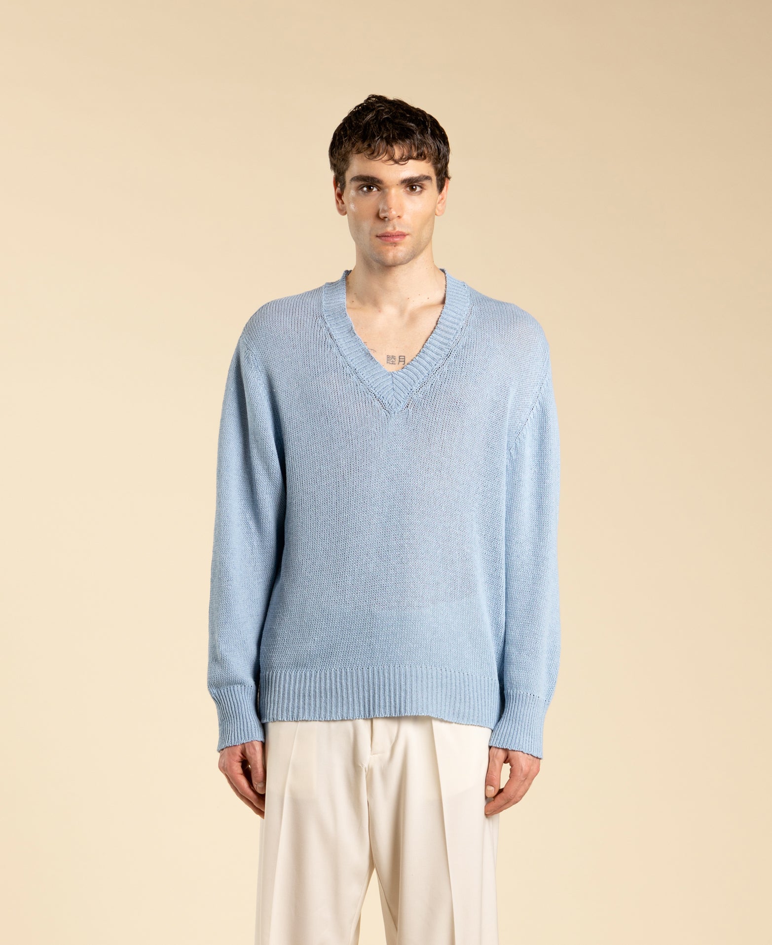 Long-sleeved V-neck sweater - Light Blue