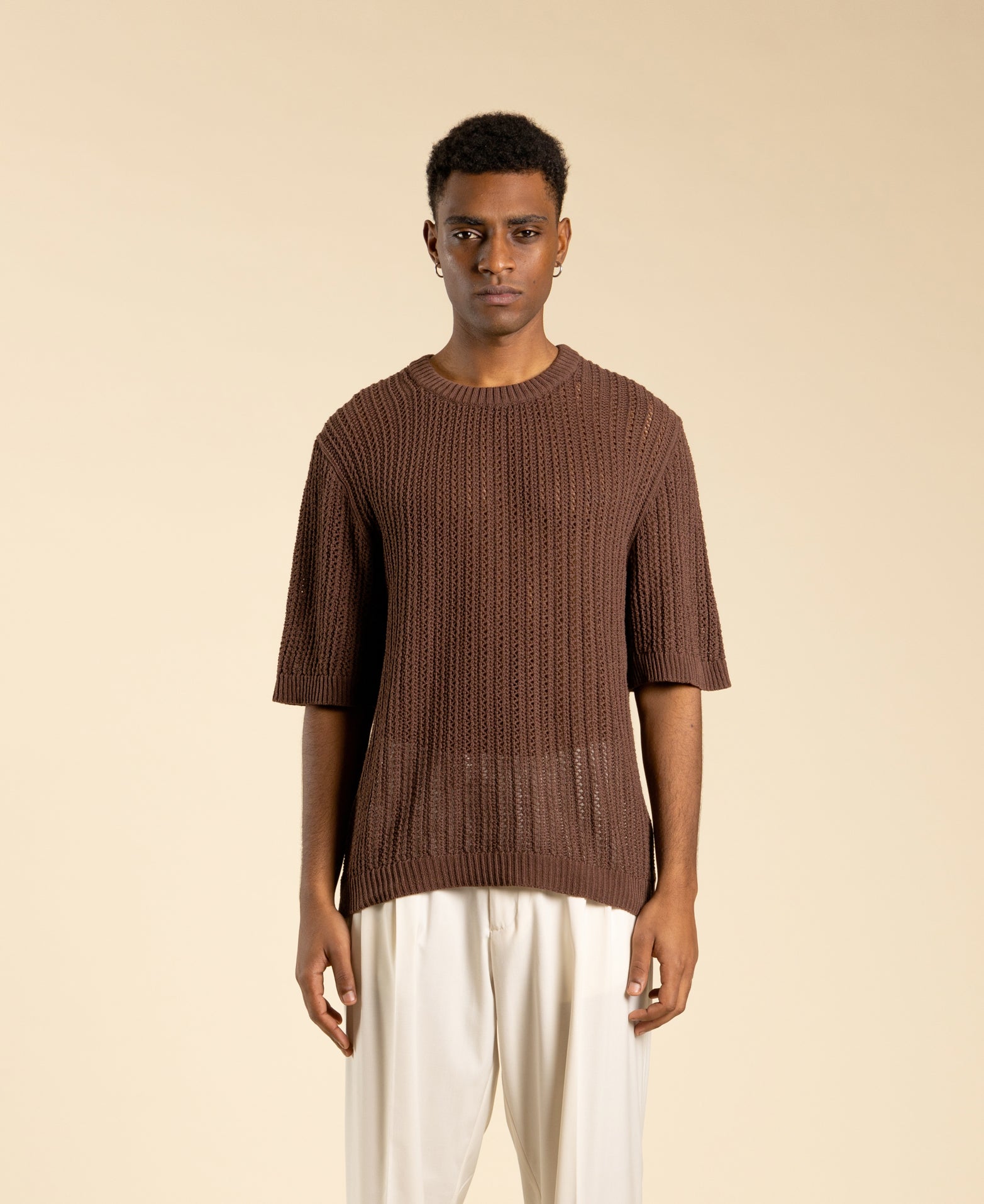 Perforated crew neck cotton sweater - Moro