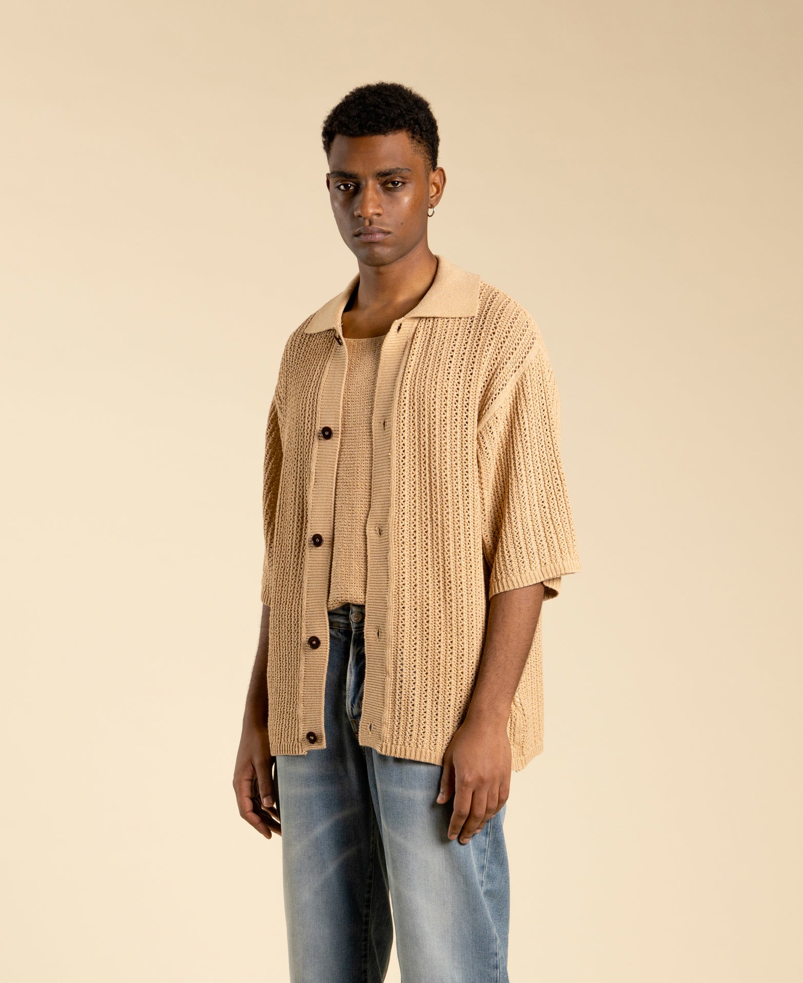 Oversized Openwork Knit Cardigan - Beige