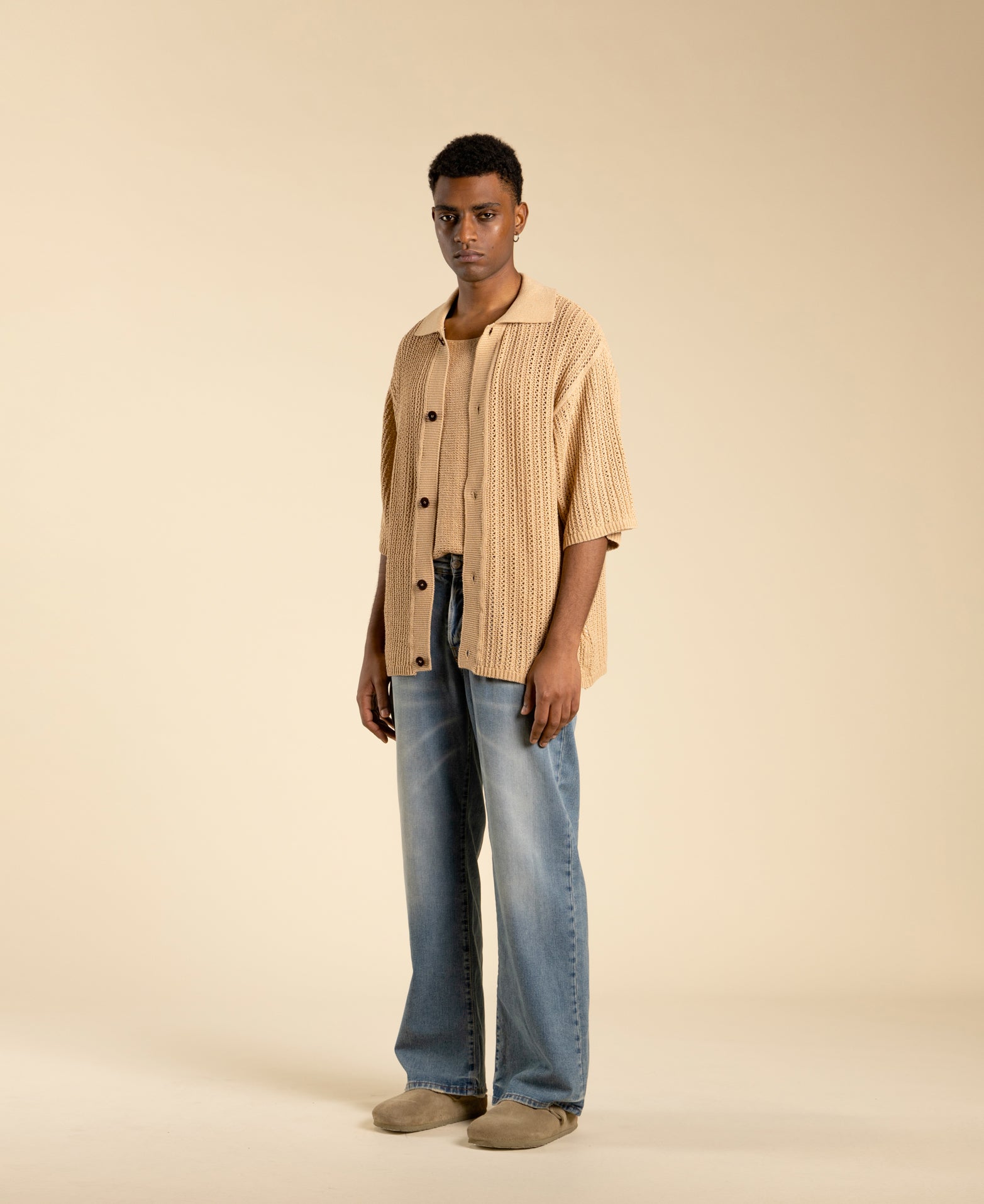 Oversized Openwork Knit Cardigan - Beige