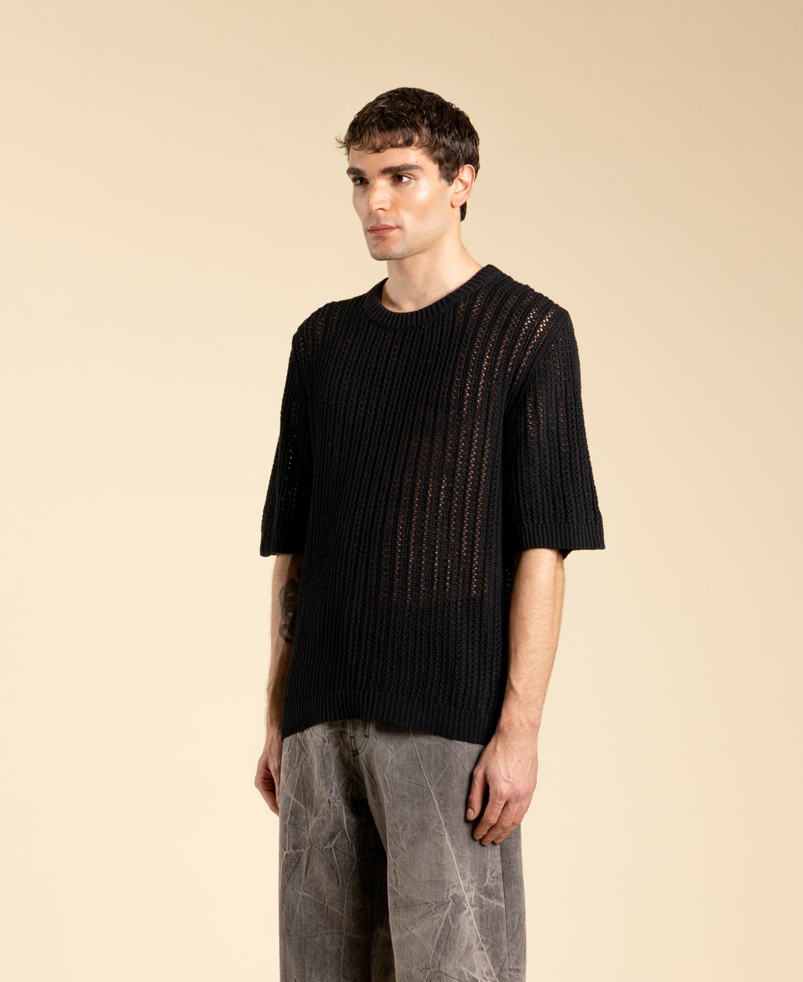 Perforated Crew Neck Cotton Sweater - Black