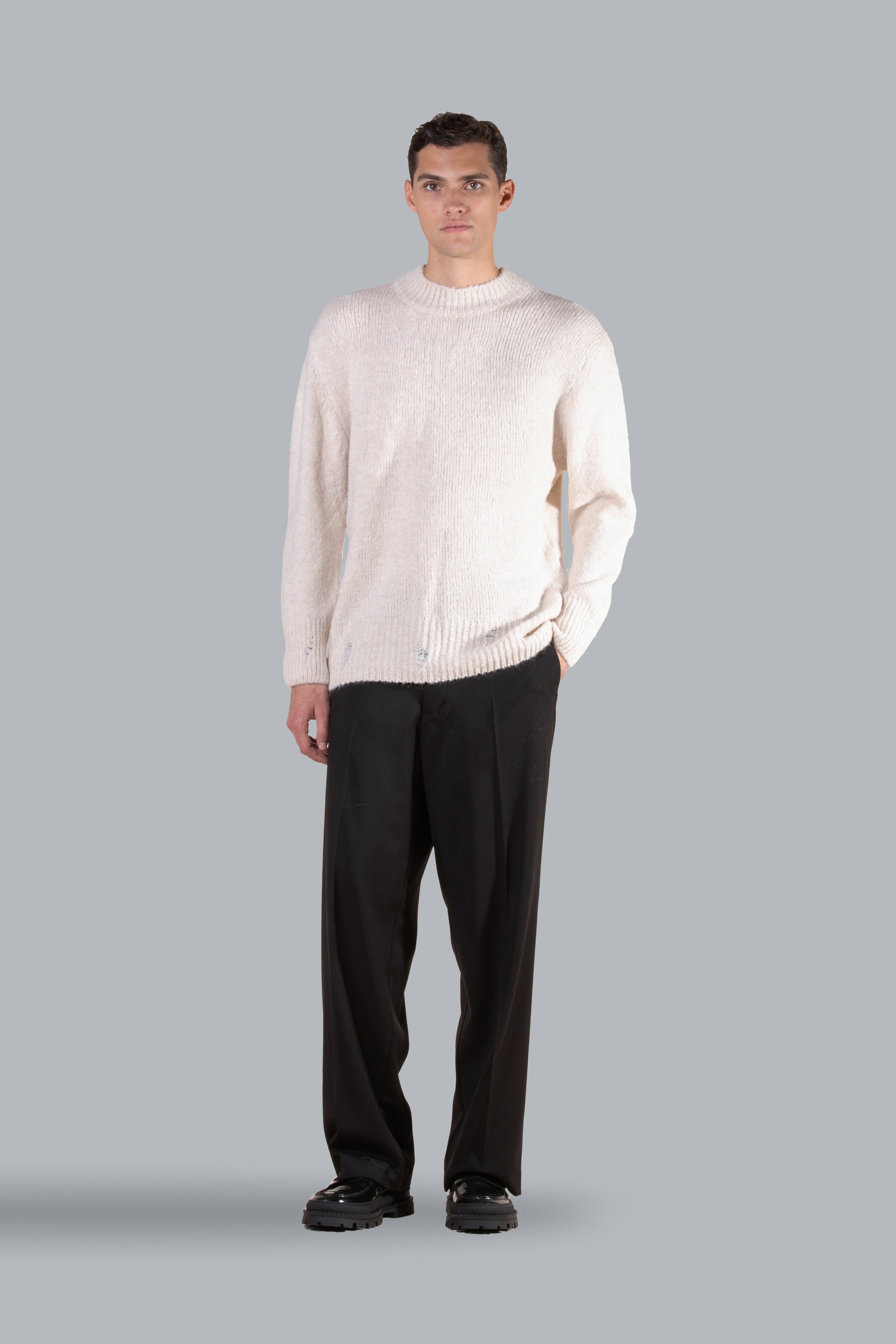 Maglia girocollo con microrotture - Panna