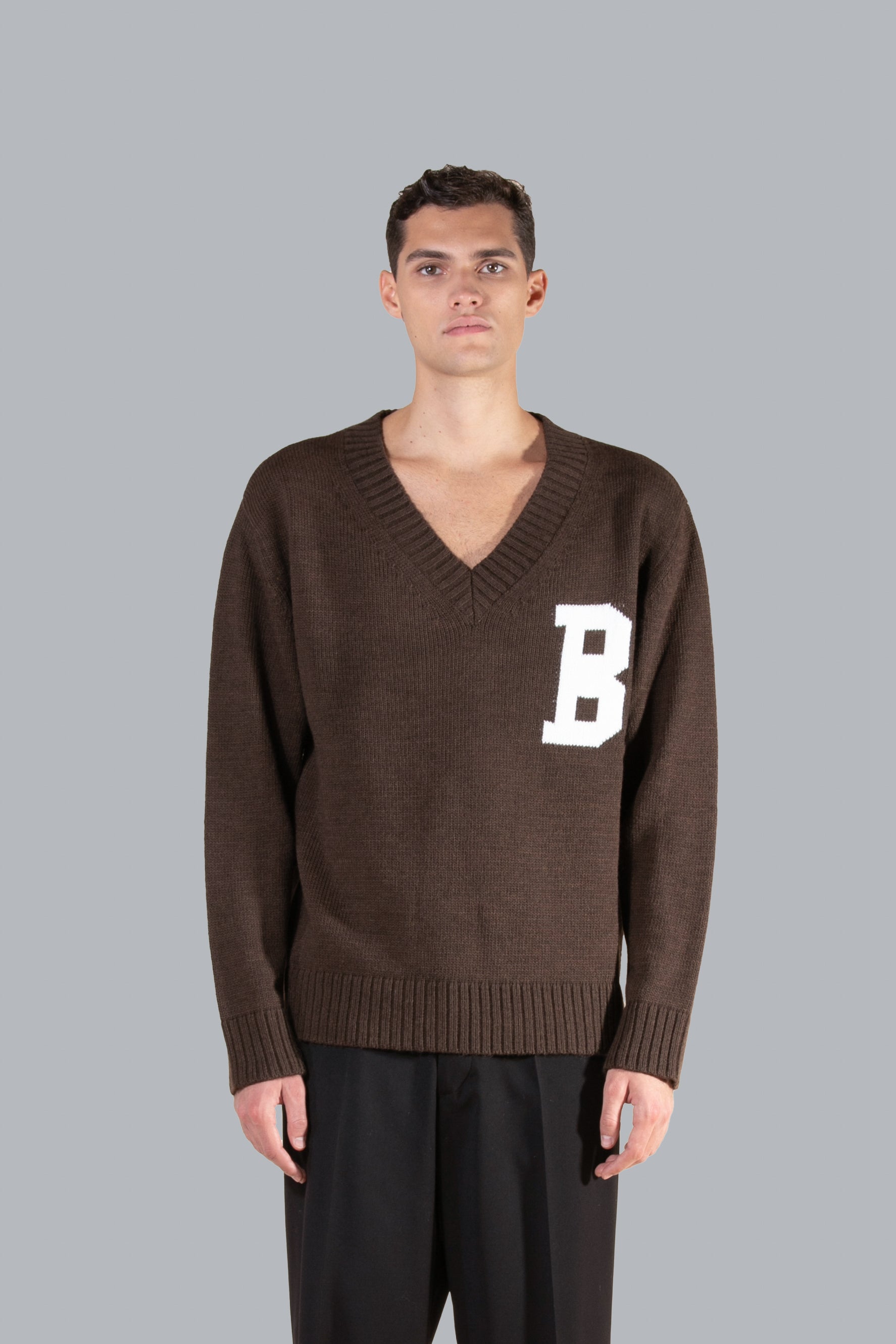 Maglia scollo a V in misto lana - Moro