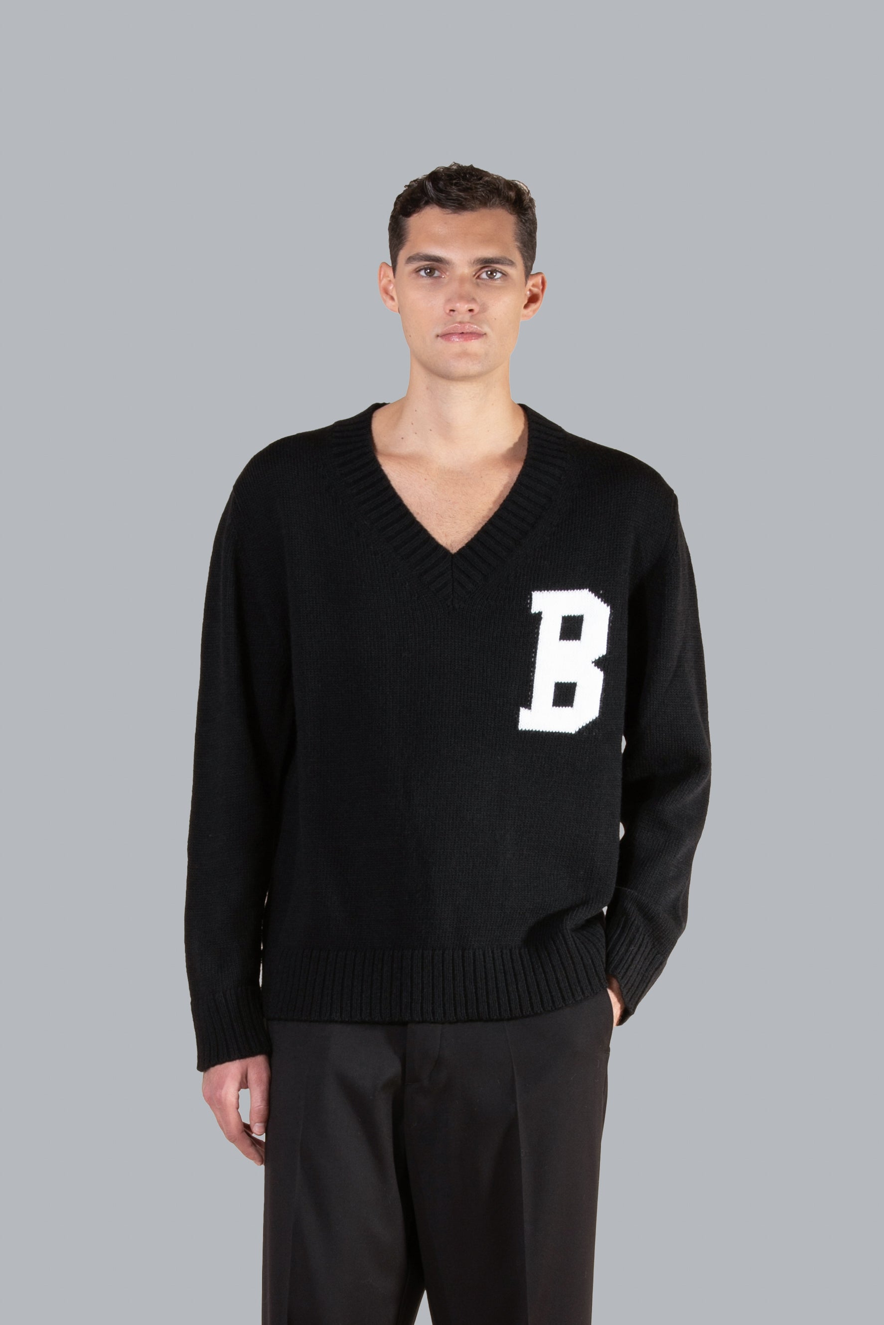 Maglia scollo a V in misto lana - Nero