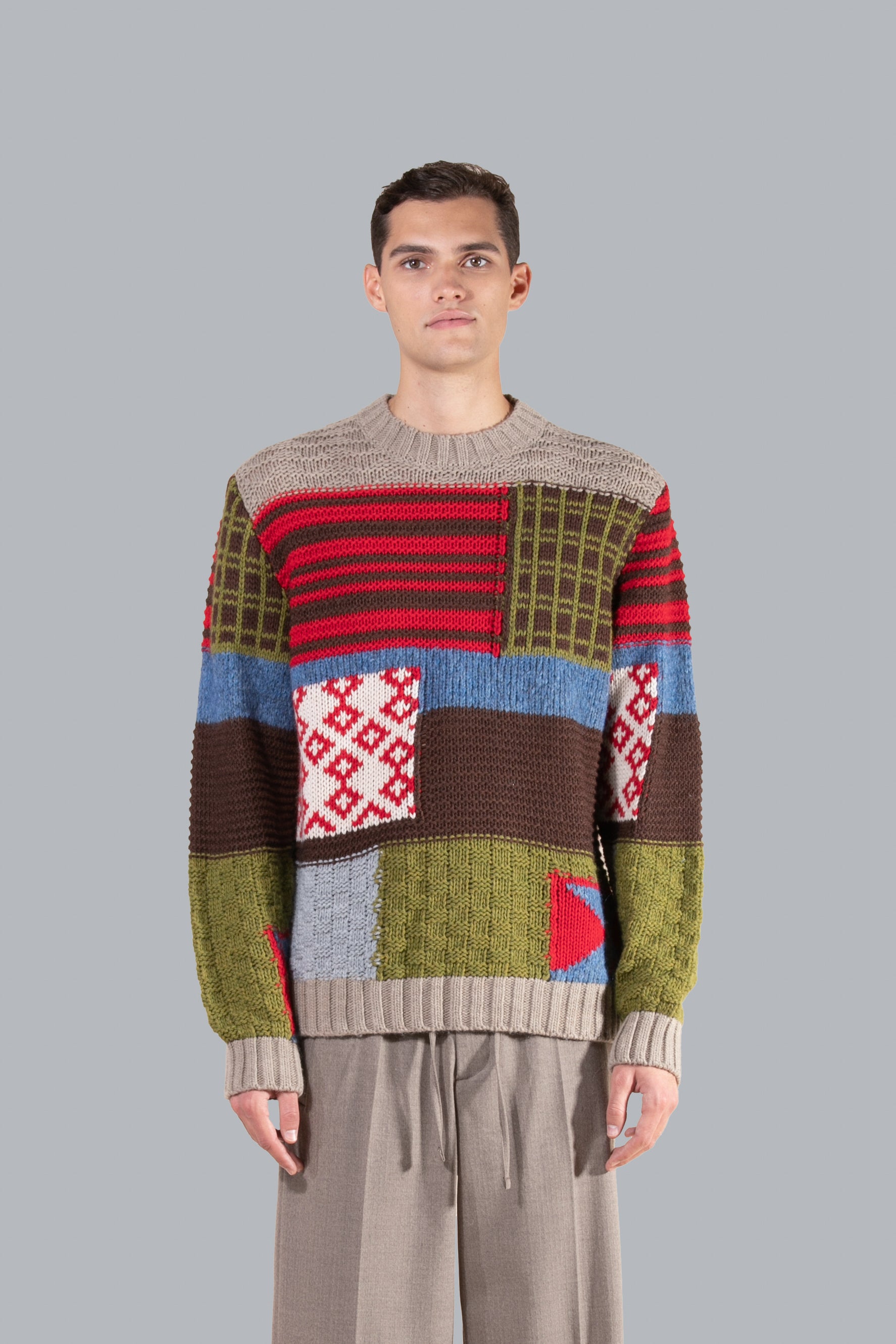 Maglia girocollo patchwork in misto lana