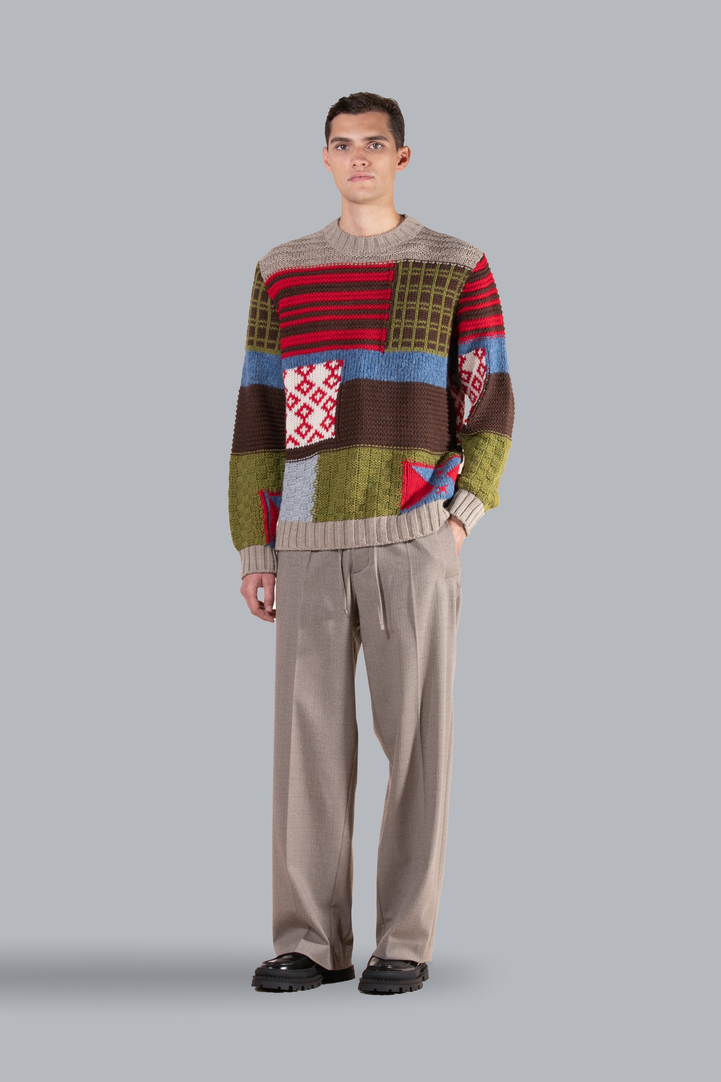 Maglia girocollo patchwork in misto lana