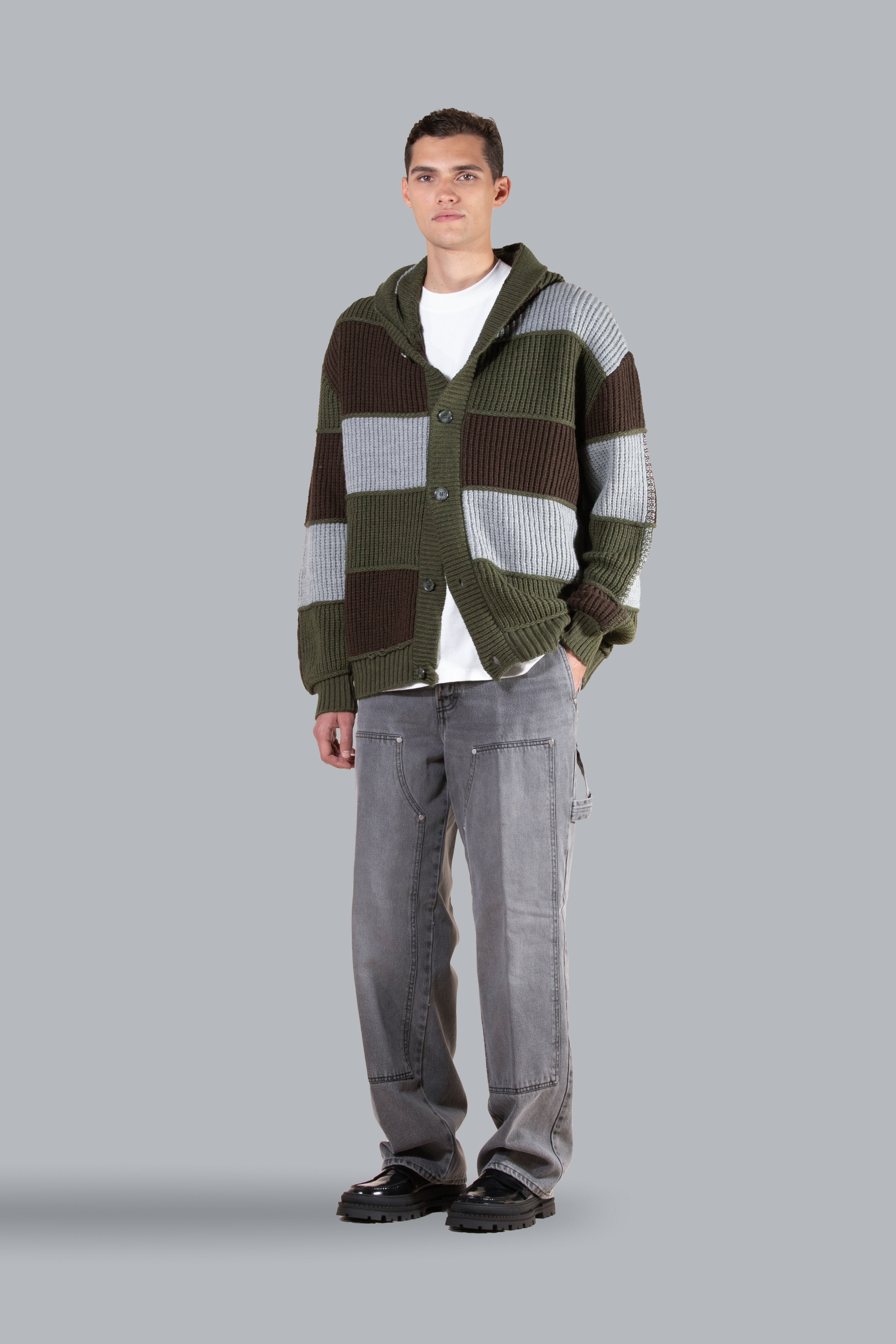 Oversized patchwork cardigan with hood