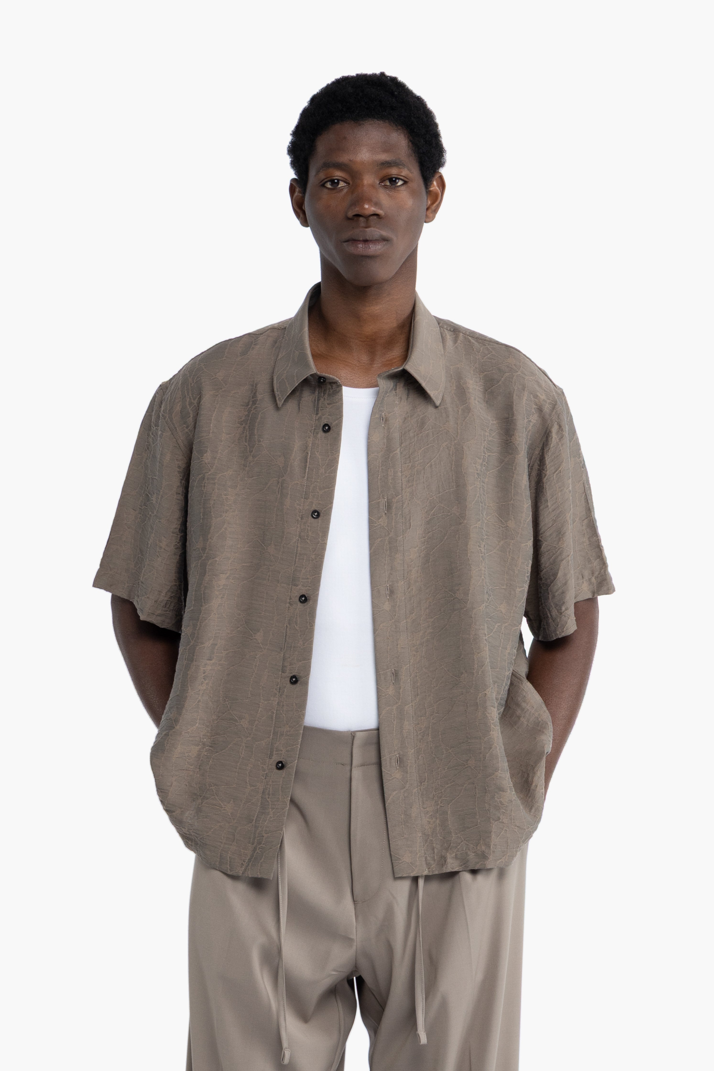 Camicia jacquard maniche corte - Taupe