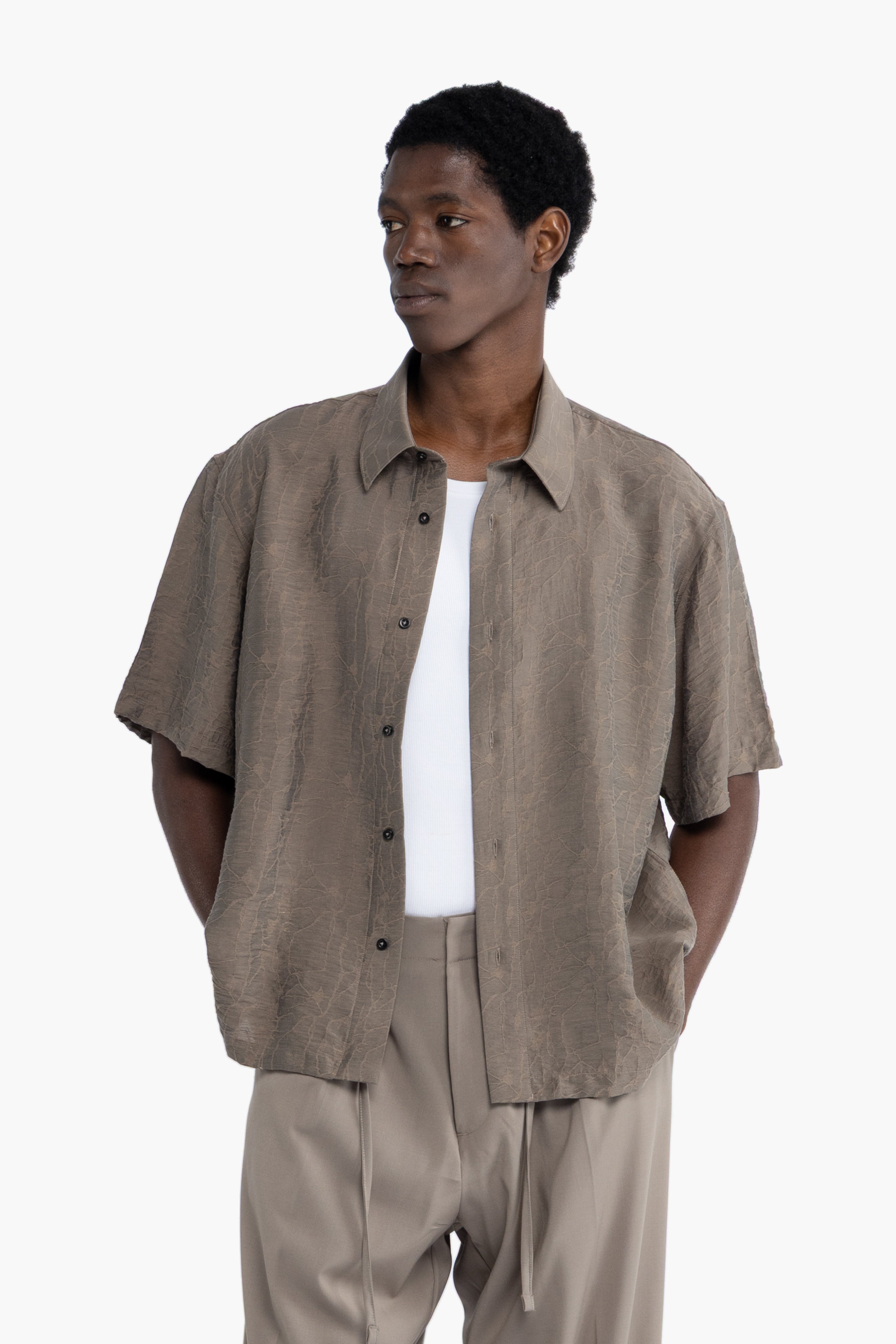 Camicia jacquard maniche corte - Taupe