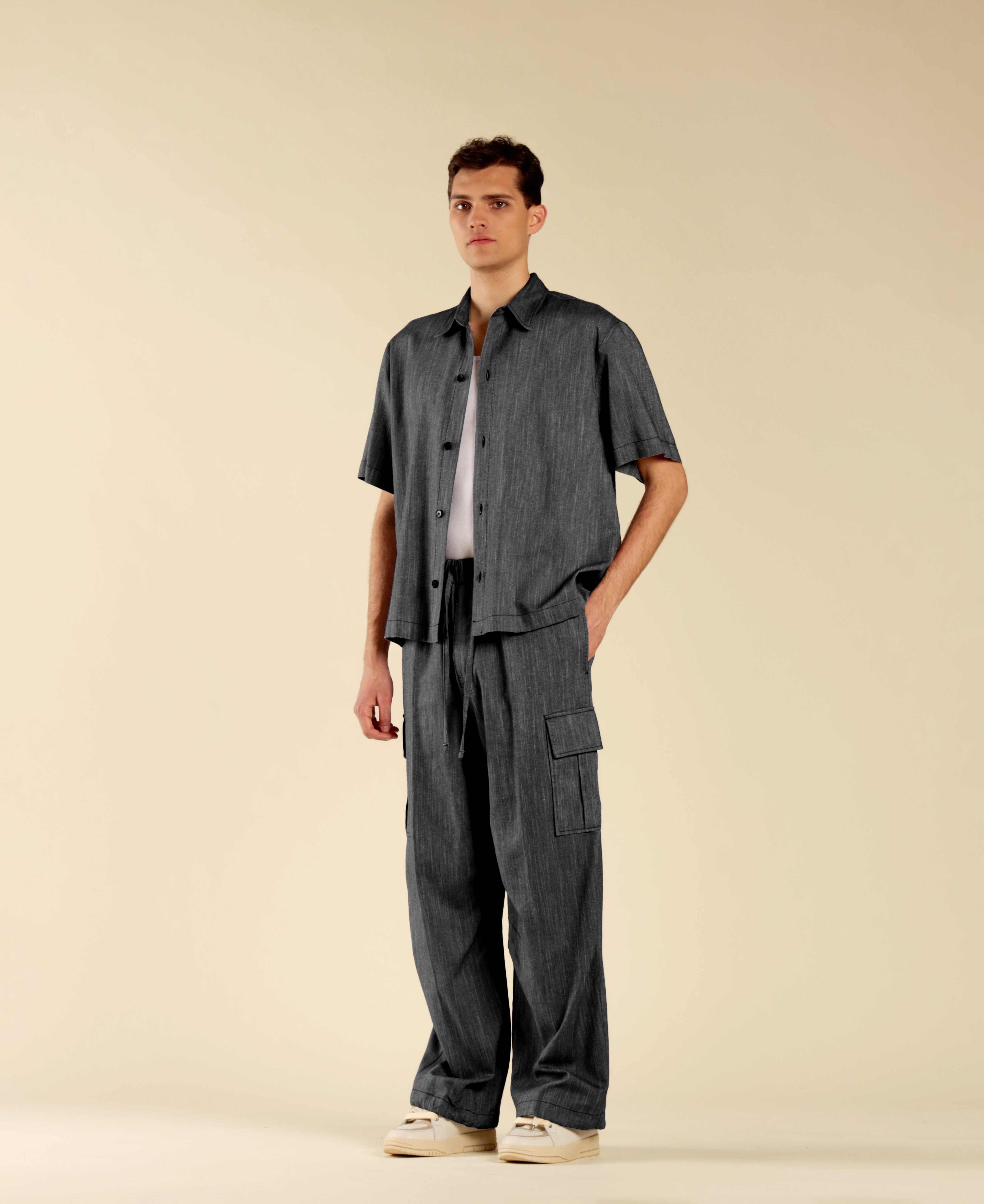 Denim-Effect Cotton Linen Cargo Pants - Black
