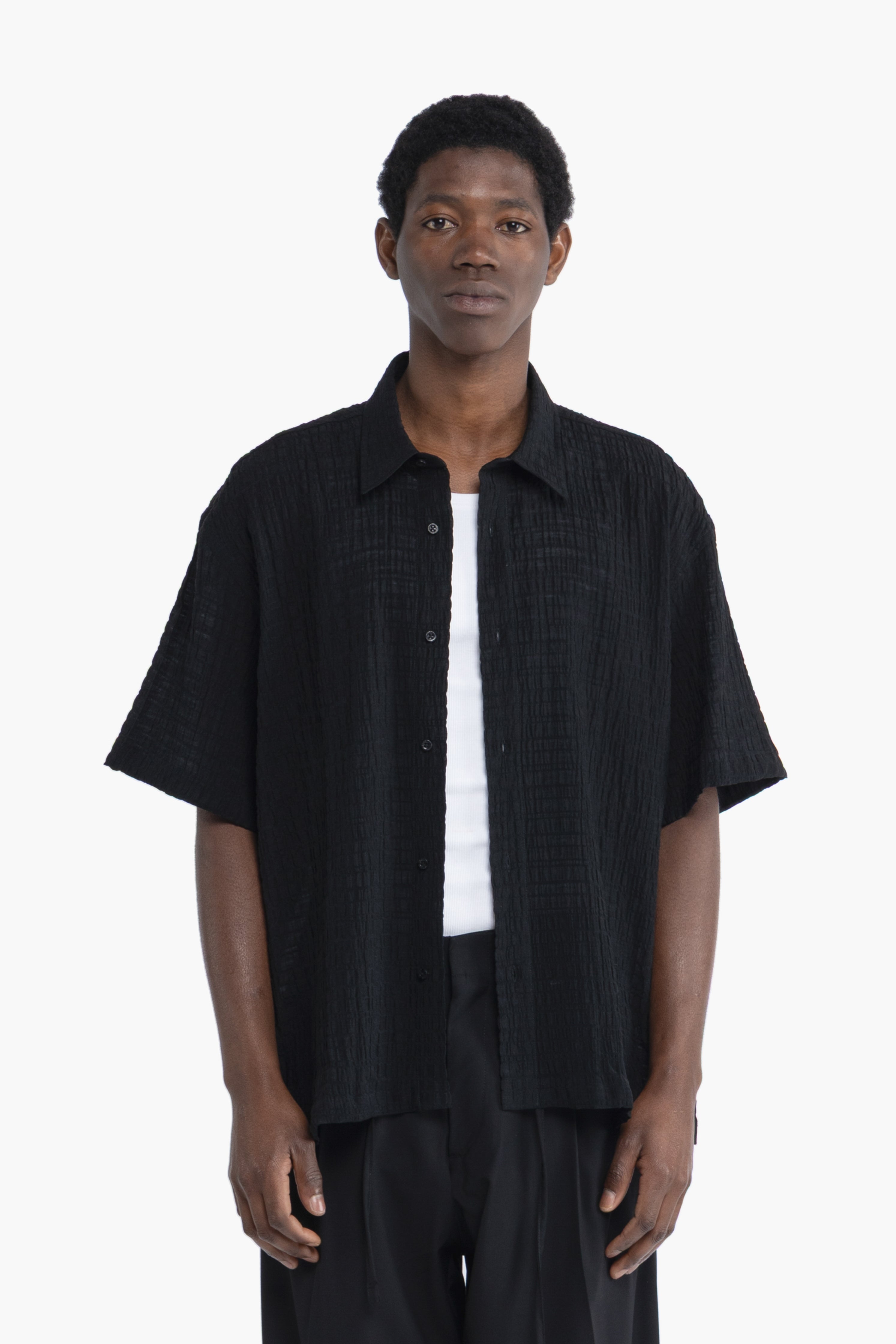 Camicia jacquard maniche corte - Nero