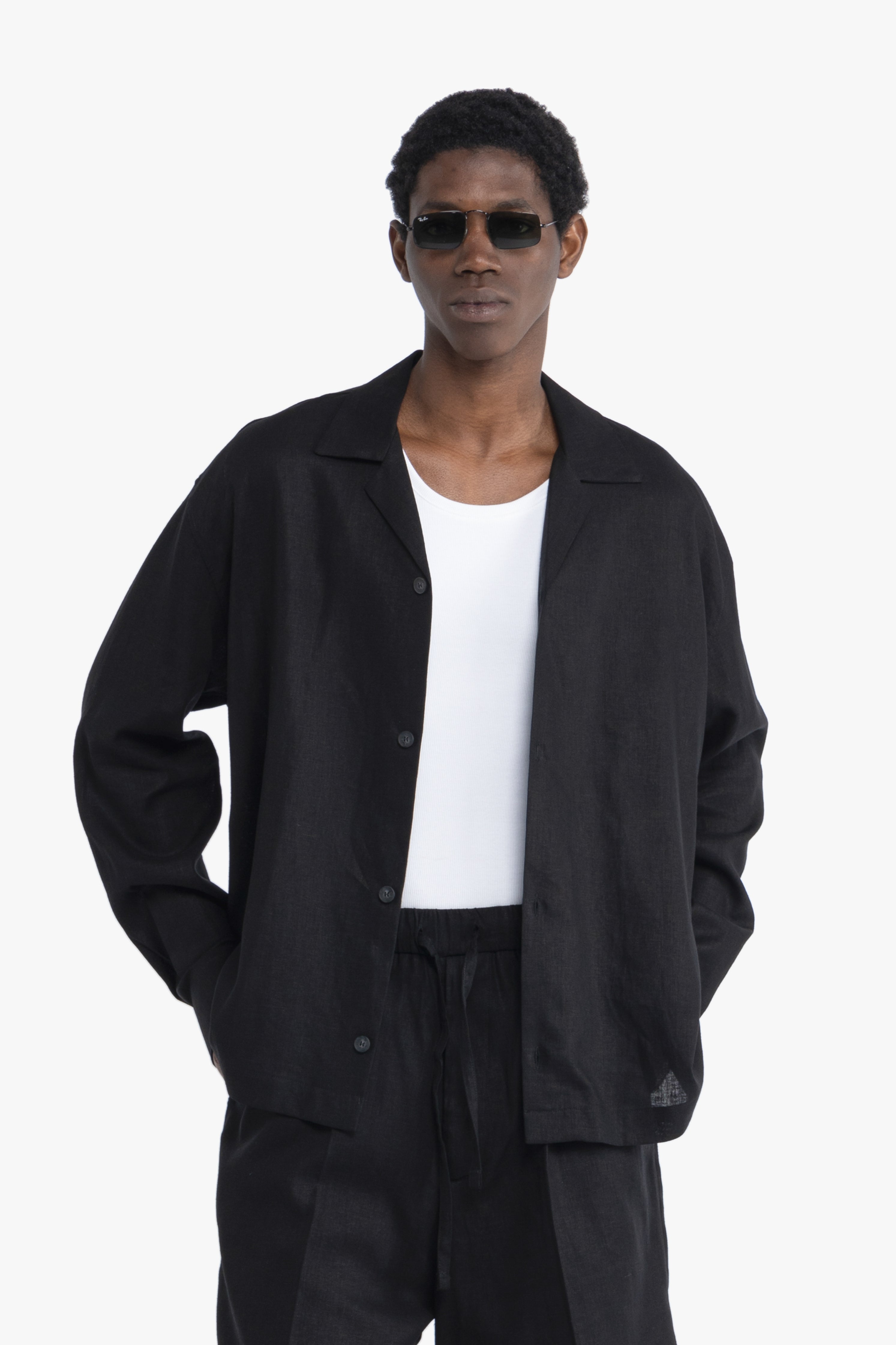 Camicia maniche lunghe in lino - Nero