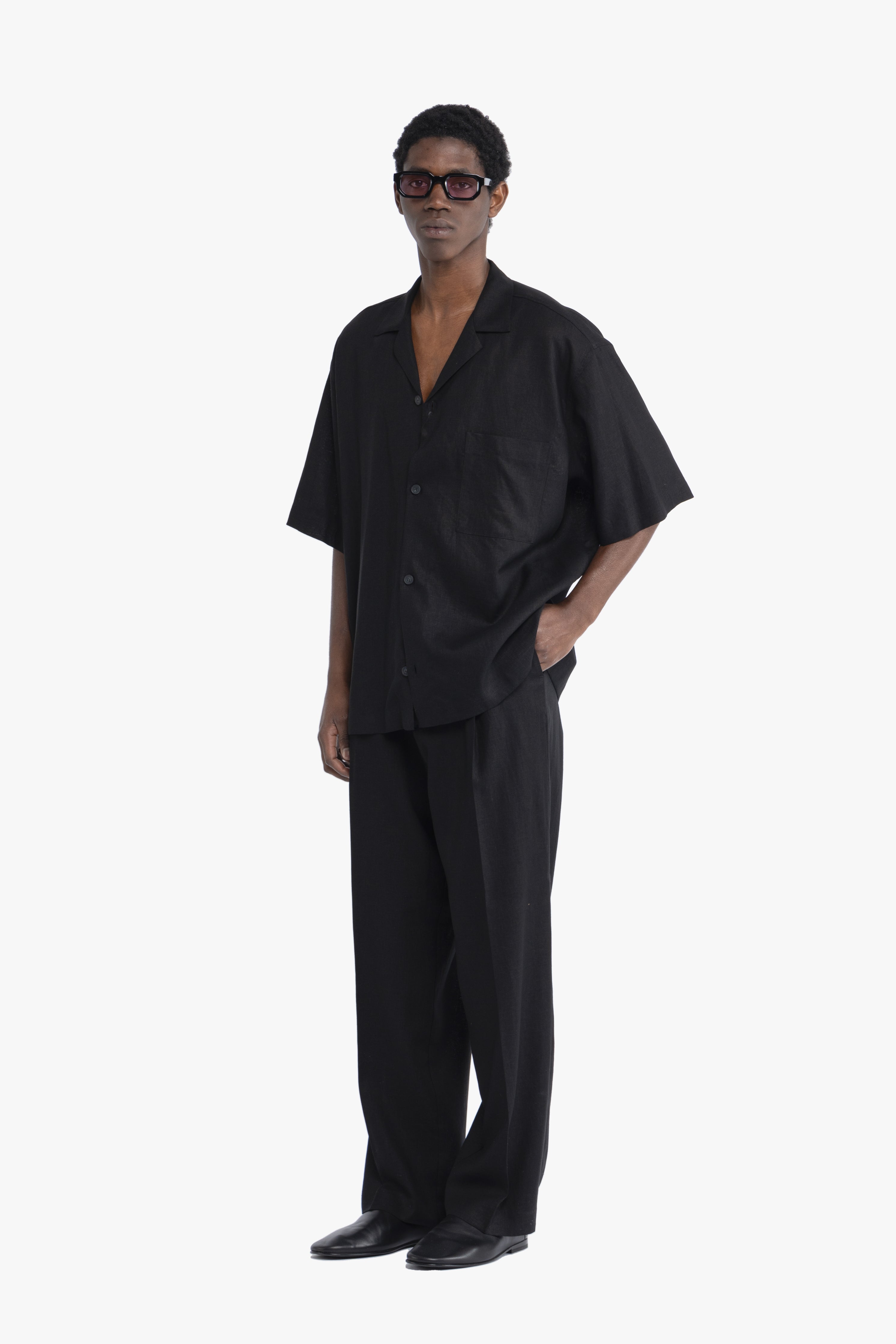 Pantalone gamba ampia in lino - Nero