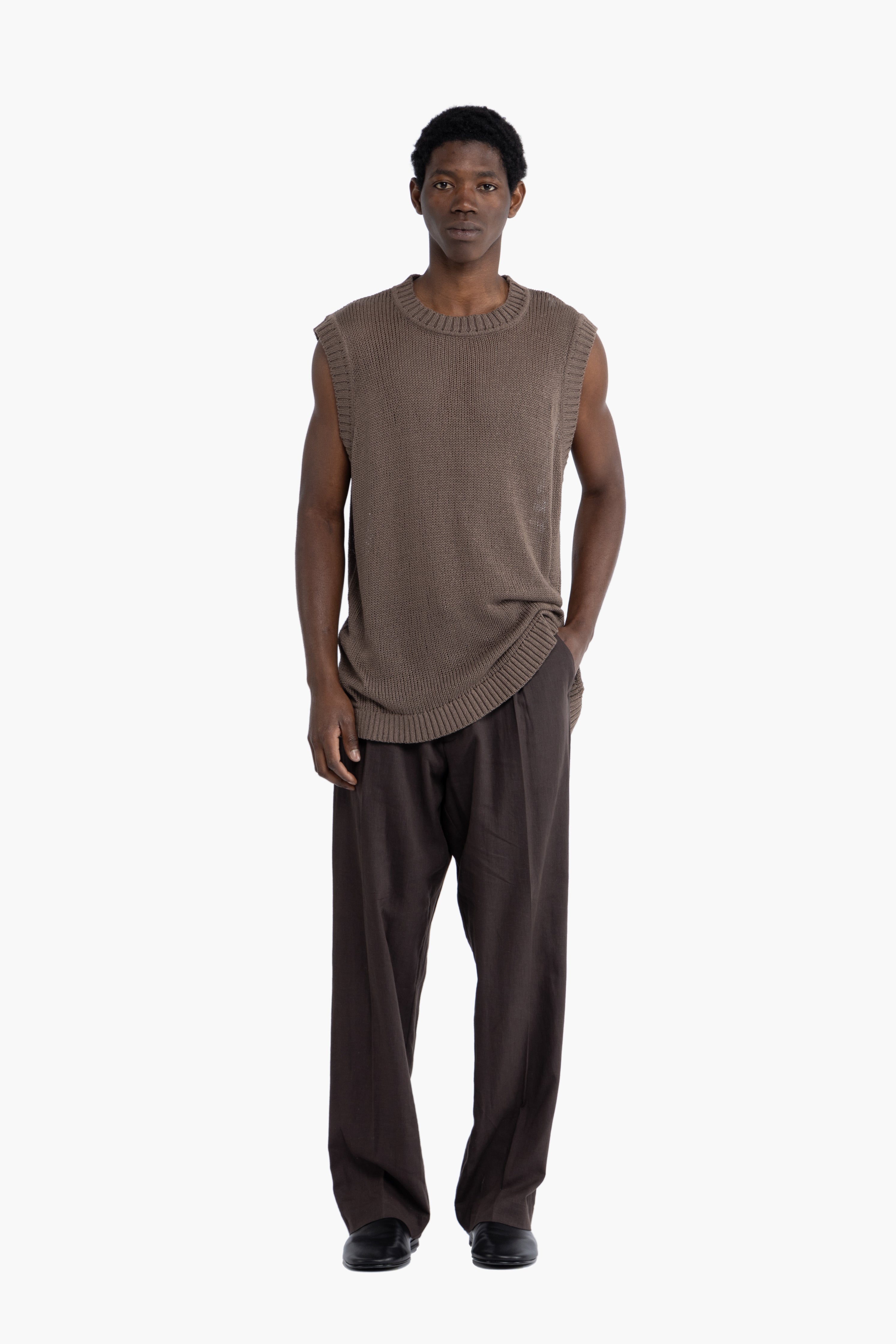 Pantalone gamba ampia in lino - Moro