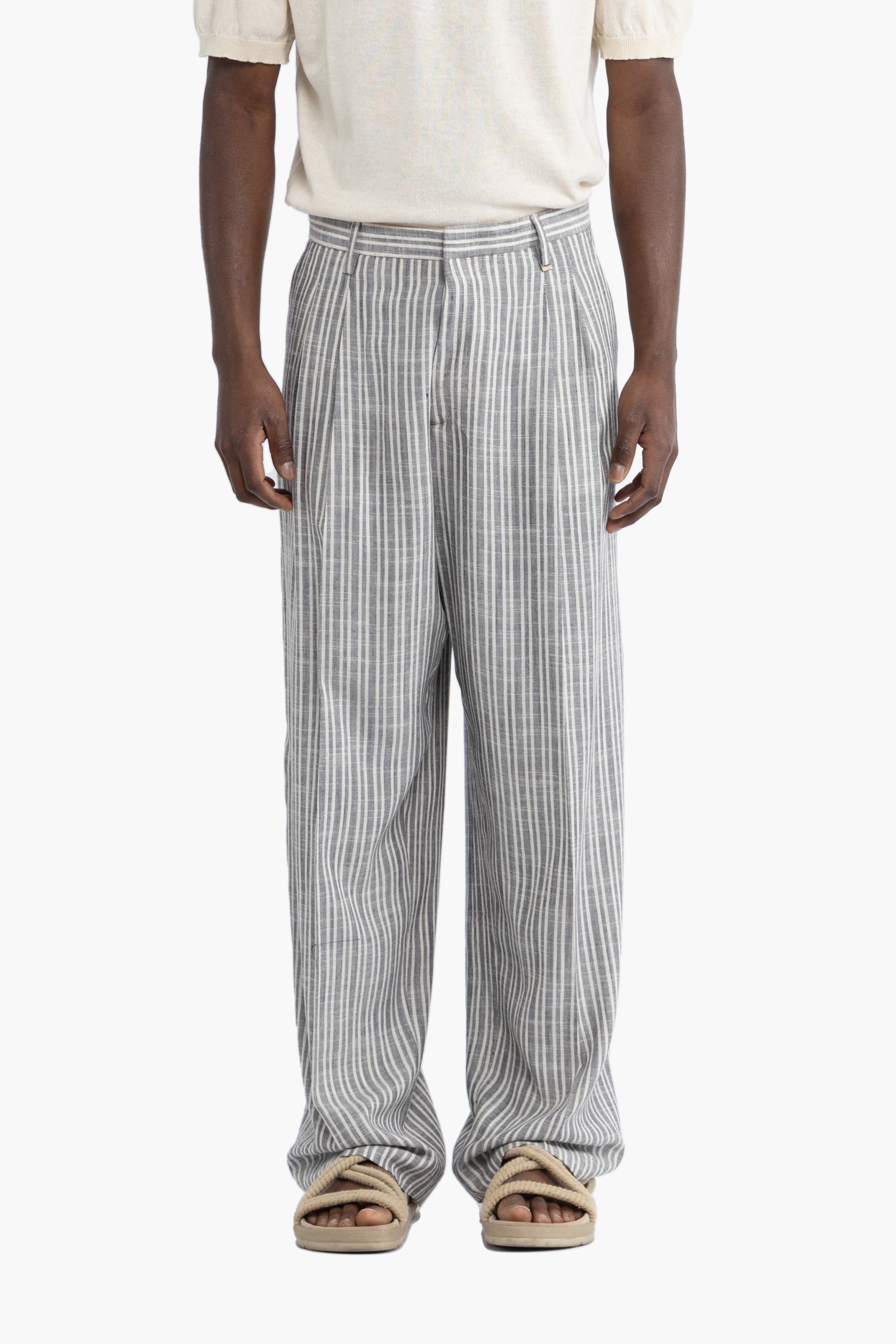 Pantalone doppia pinces in lino a righe