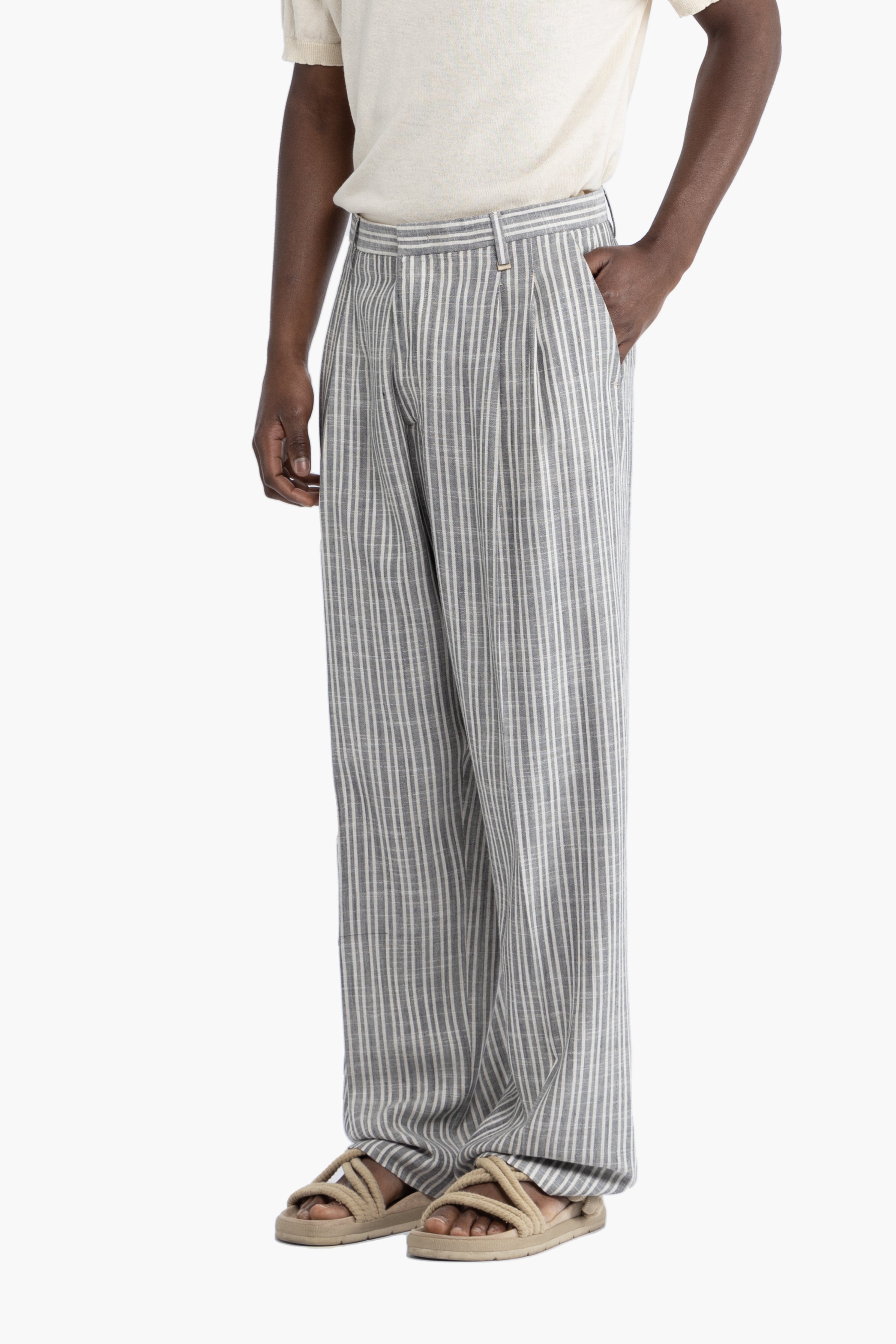 Pantalone doppia pinces in lino a righe