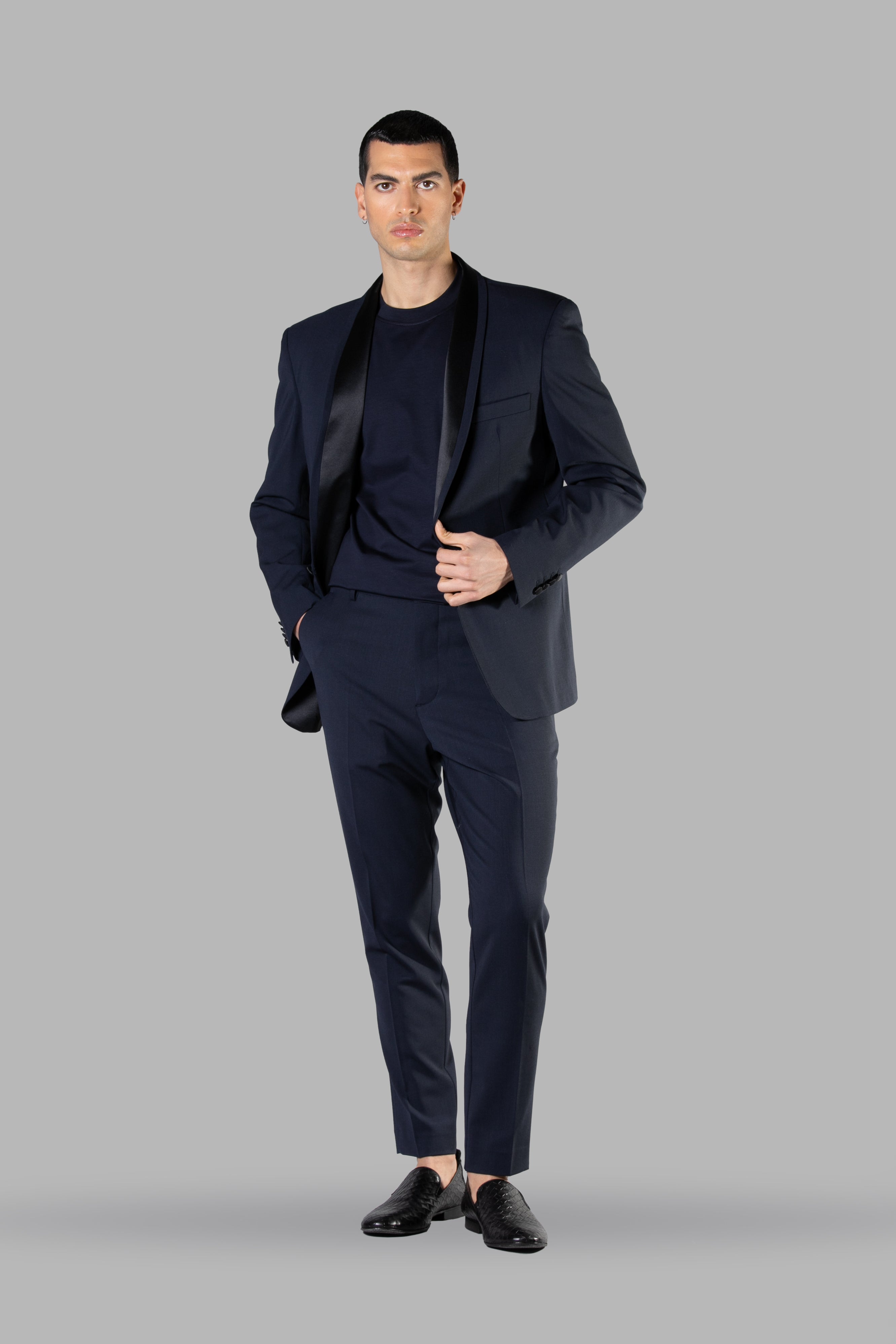 Satin Shawl Collar Tuxedo Jacket - Blue
