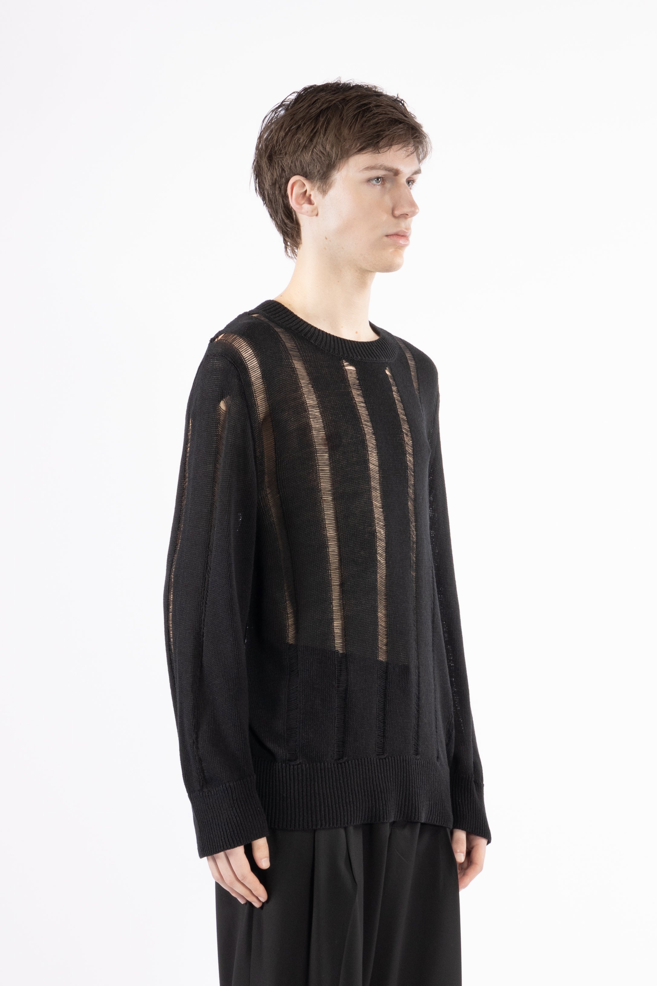 Girocollo in maglia a righe traforata - Nero