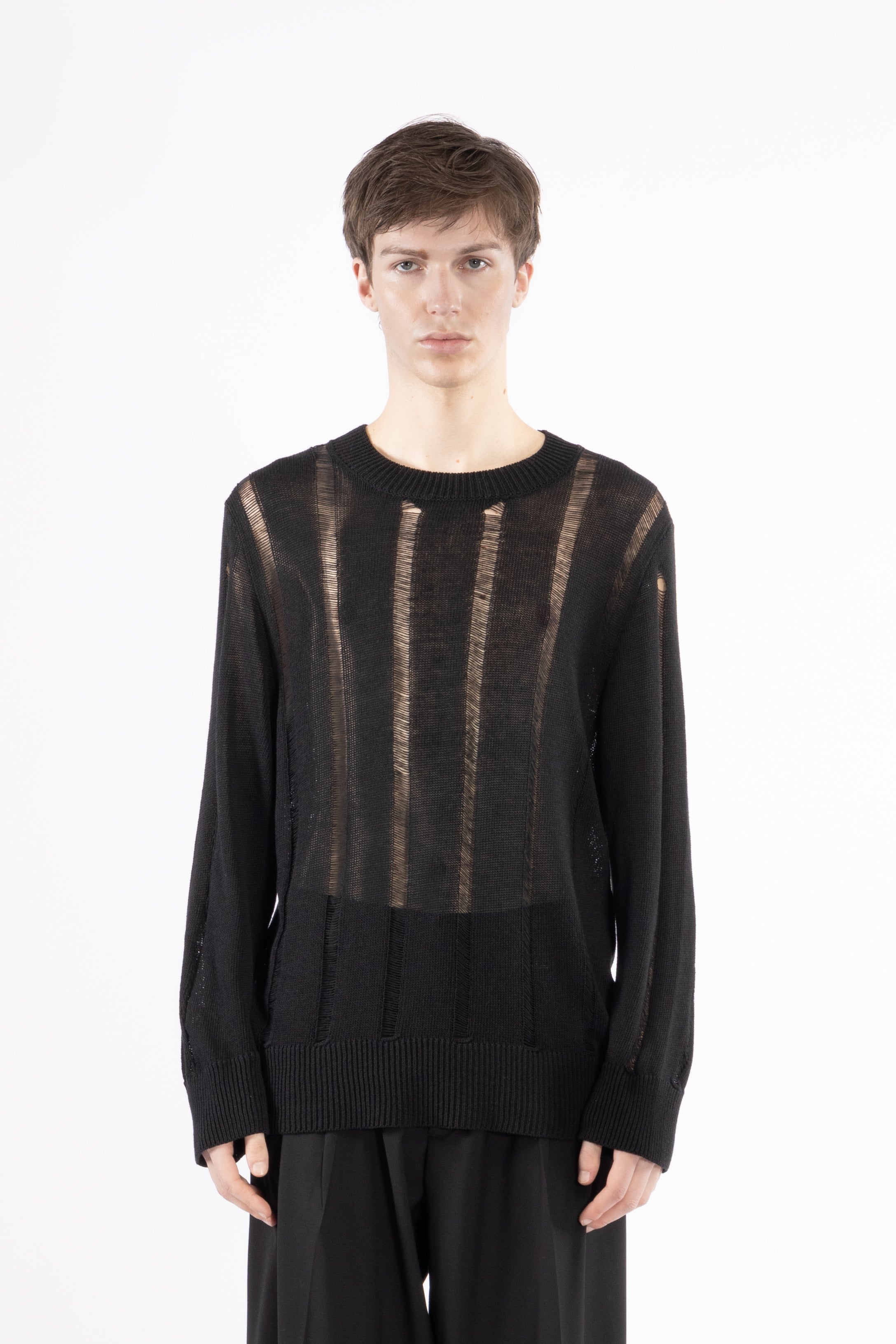 Girocollo in maglia a righe traforata - Nero