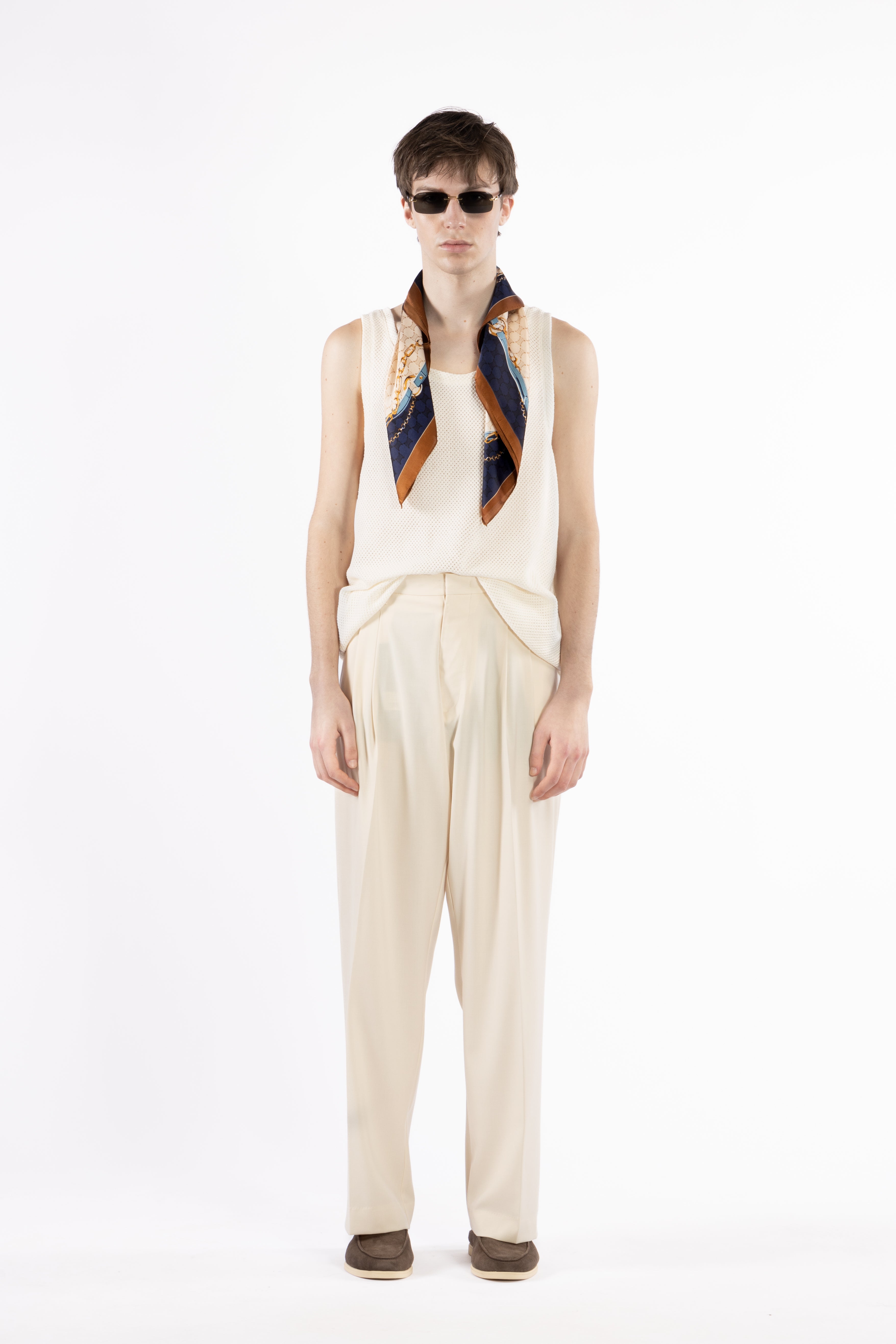 Pantalone fondo ampio con pinces - Panna