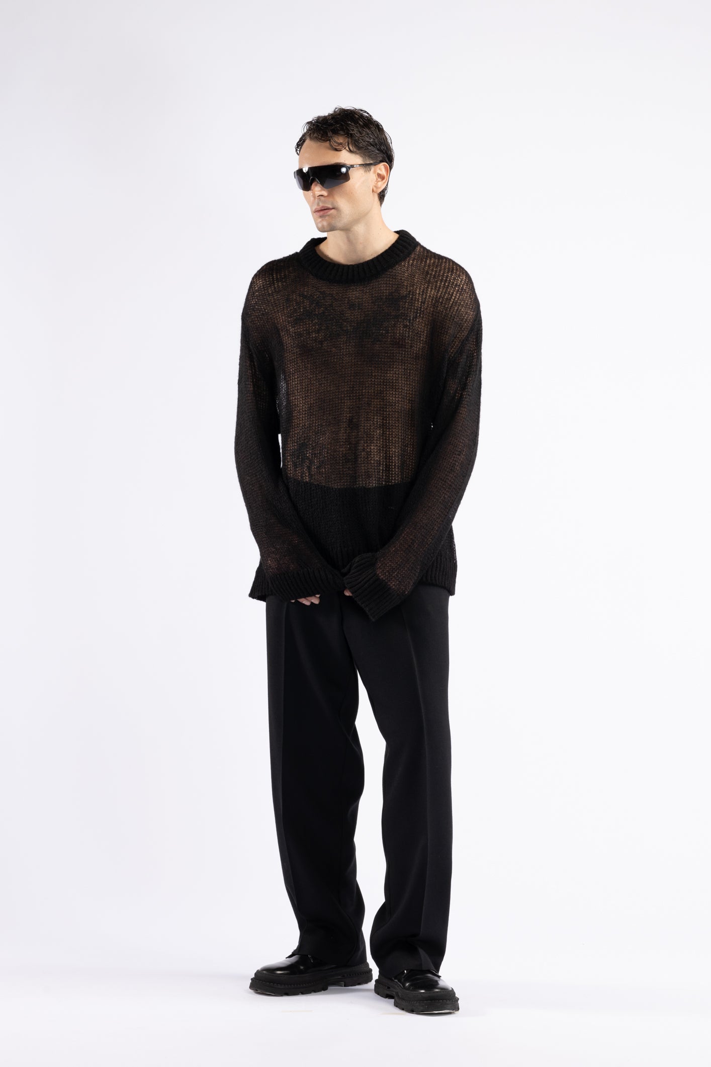 Oversized Perforated Wool Sweater - Black