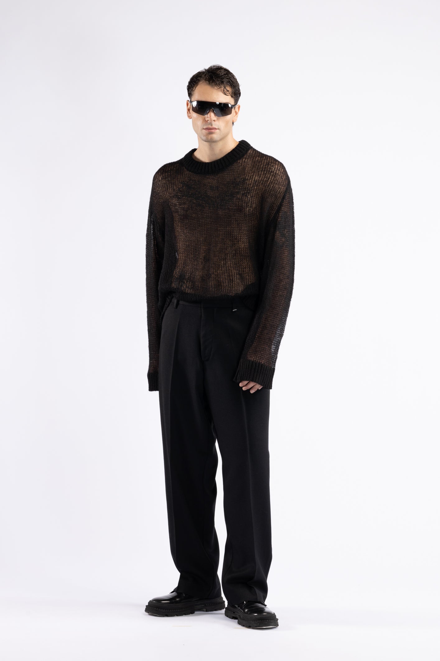 Oversized Perforated Wool Sweater - Black