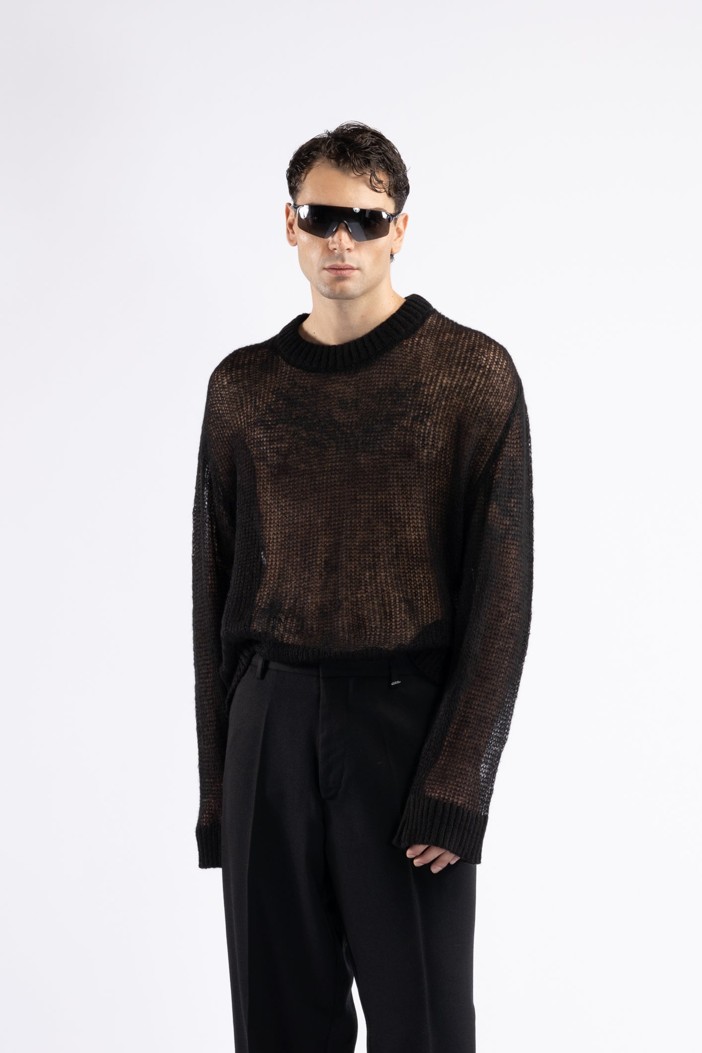 Oversized Perforated Wool Sweater - Black