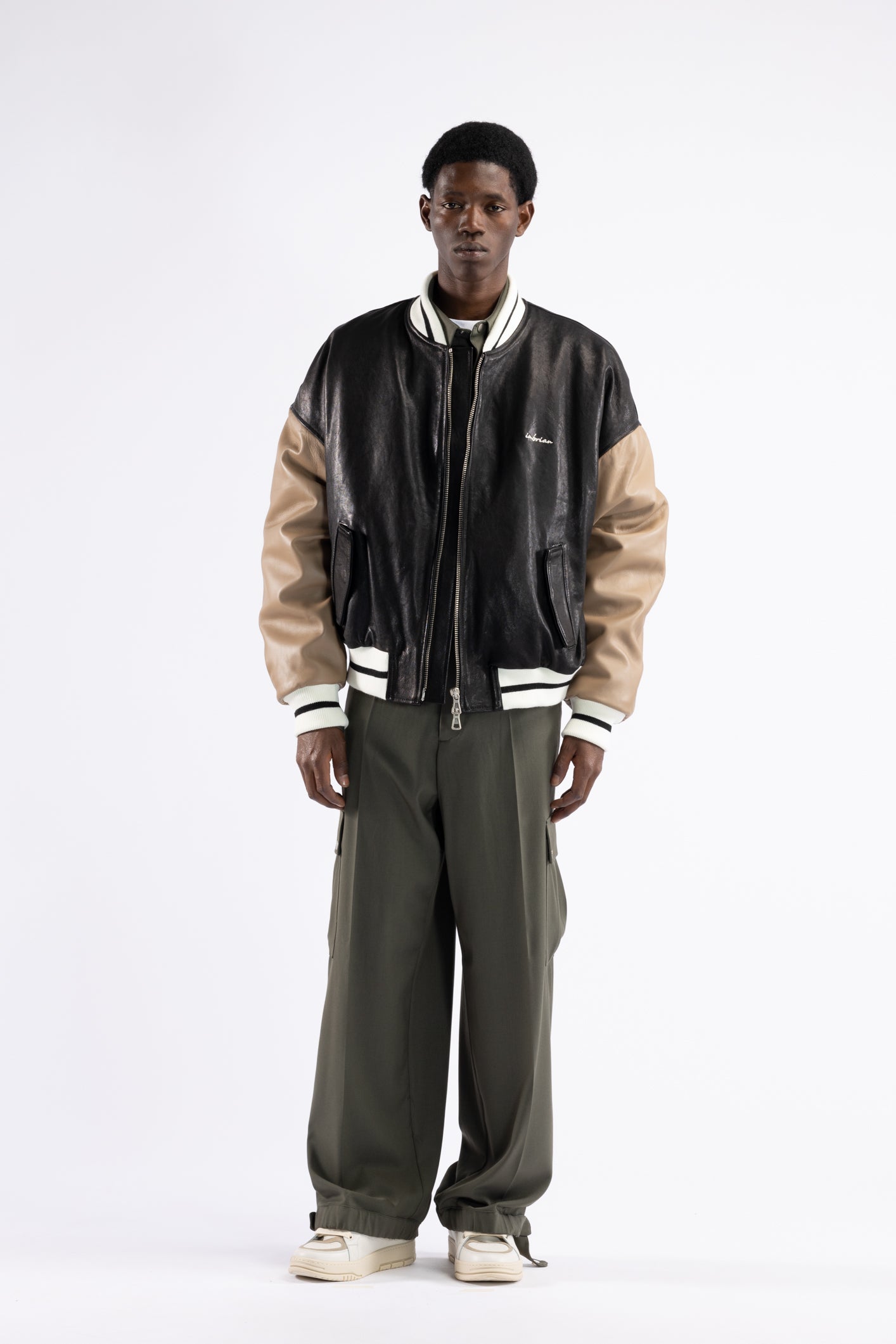 Oversized Leather Bomber Jacket - Black/Taupe