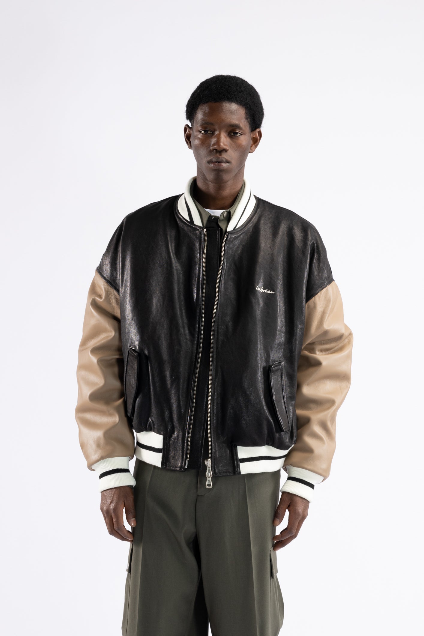 Oversized Leather Bomber Jacket - Black/Taupe