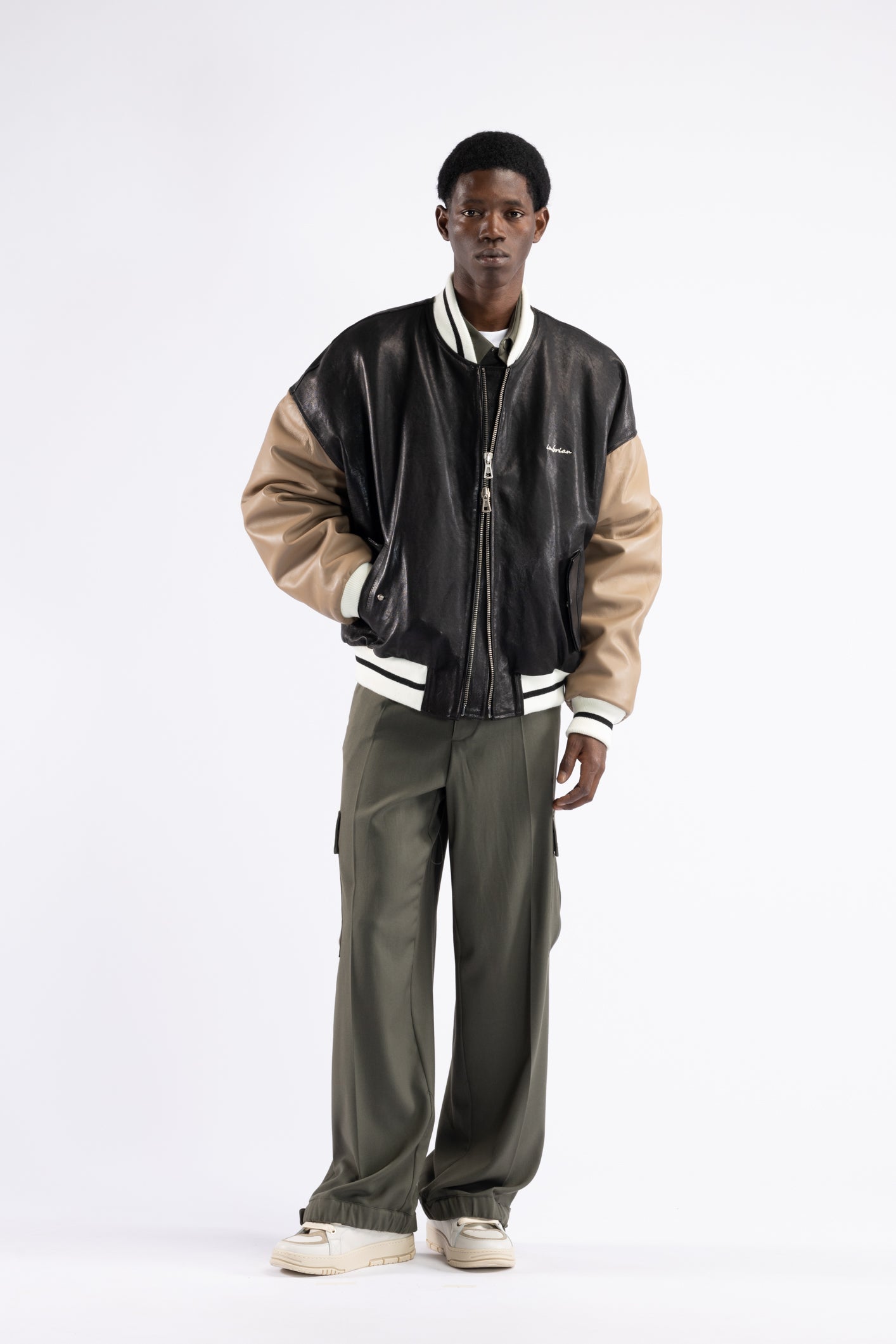 Oversized Leather Bomber Jacket - Black/Taupe