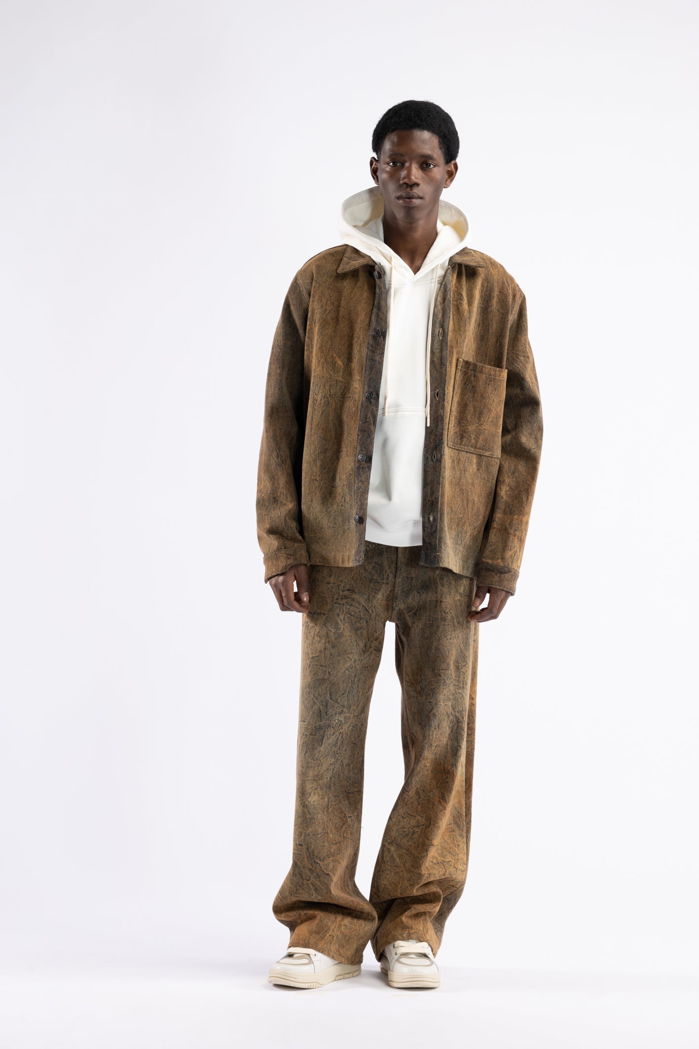 Rust-effect washed denim shirt