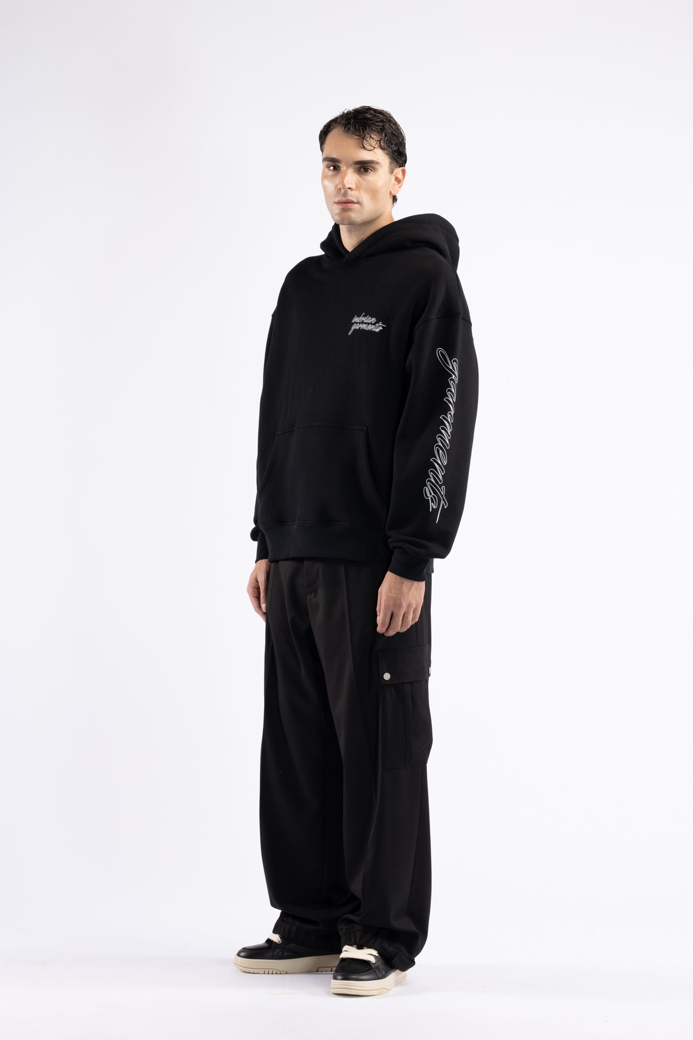 Oversized Sweatshirt with Sleeve Print - Black