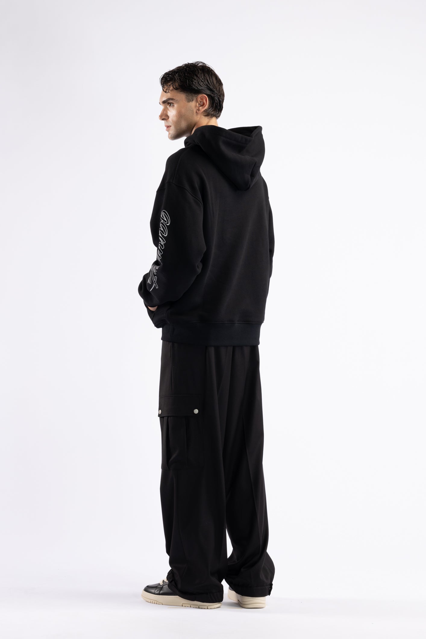 Oversized Sweatshirt with Sleeve Print - Black