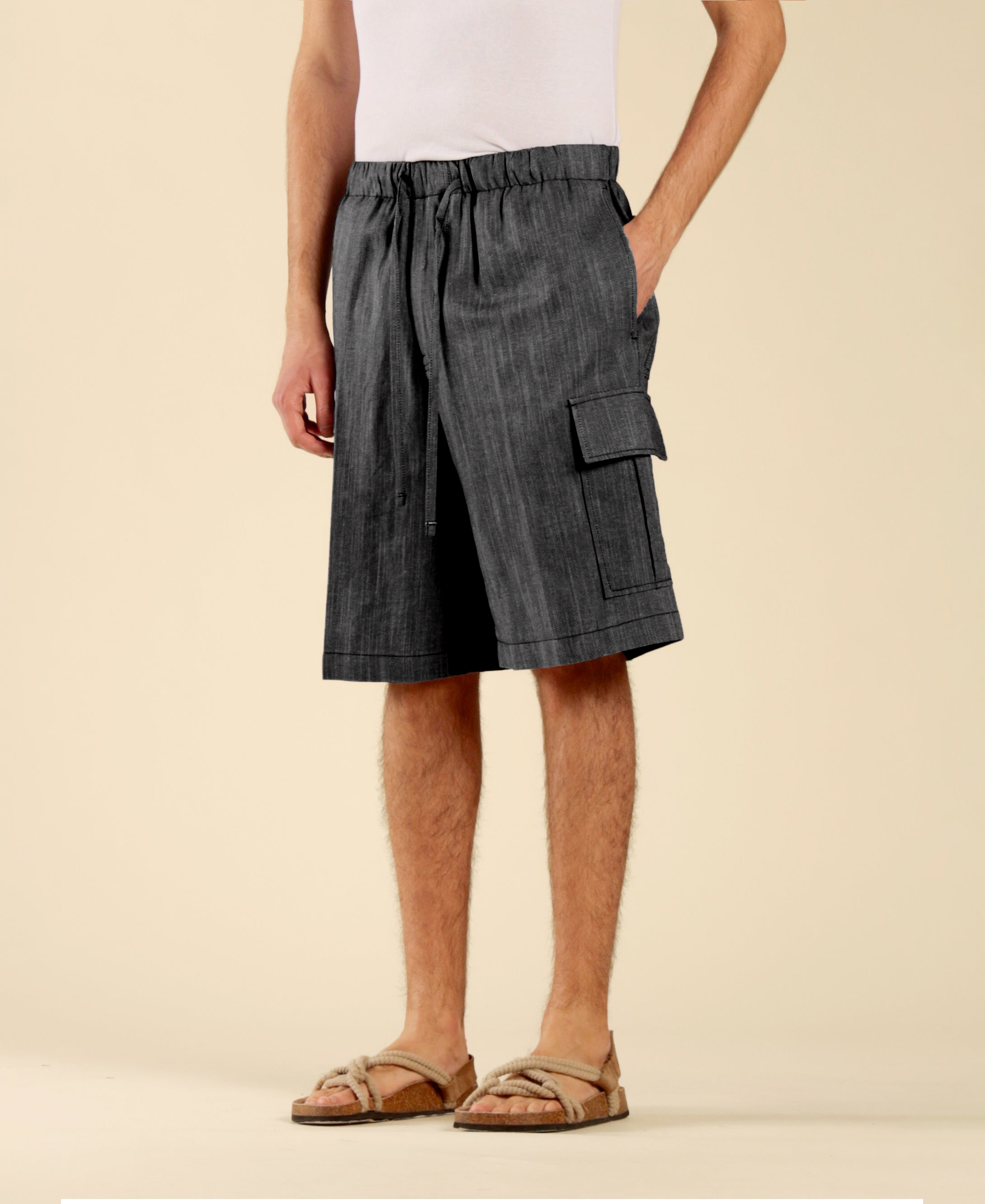 Denim-Effect Cotton Linen Bermuda Shorts - Black