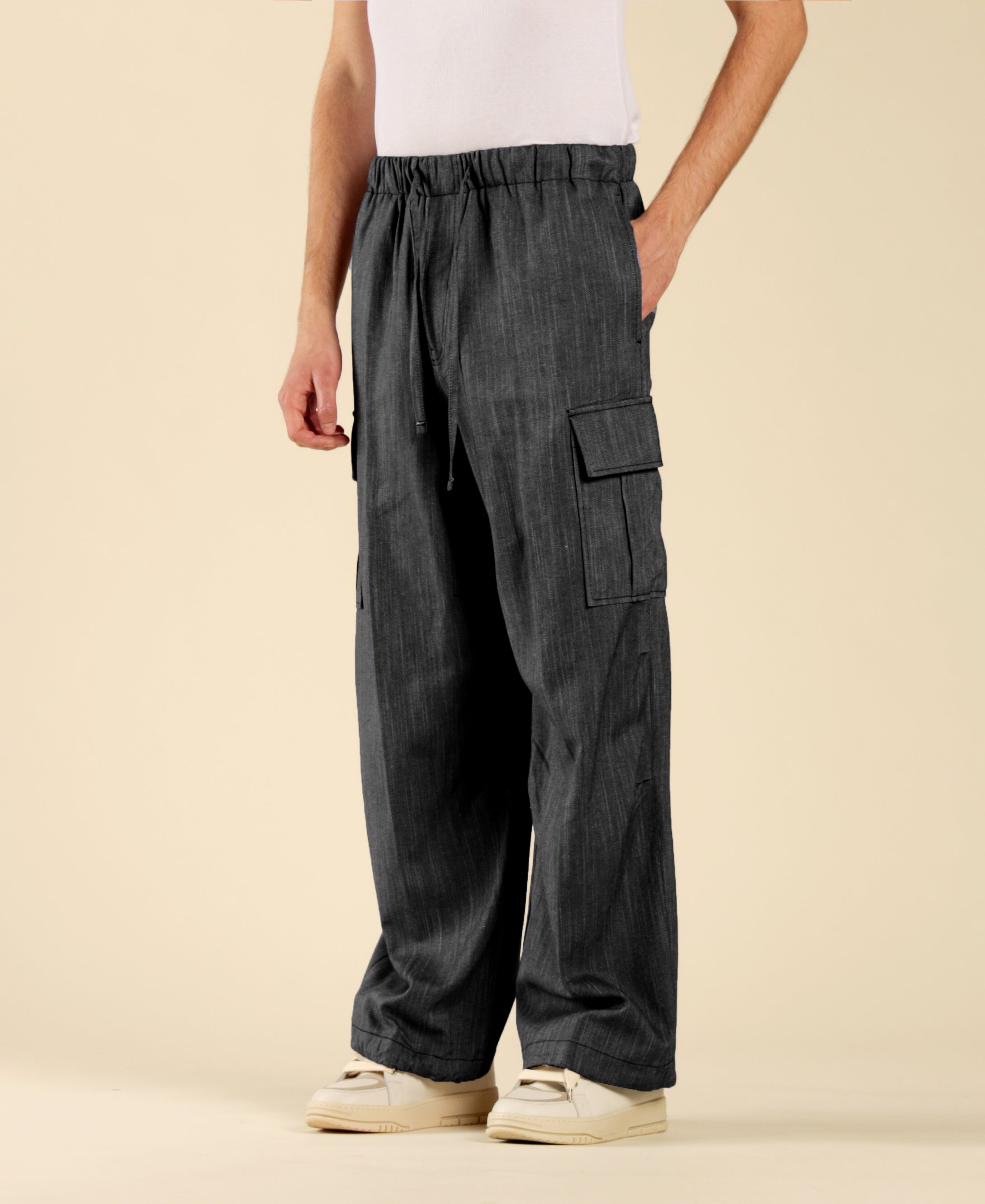 Denim-Effect Cotton Linen Cargo Pants - Black