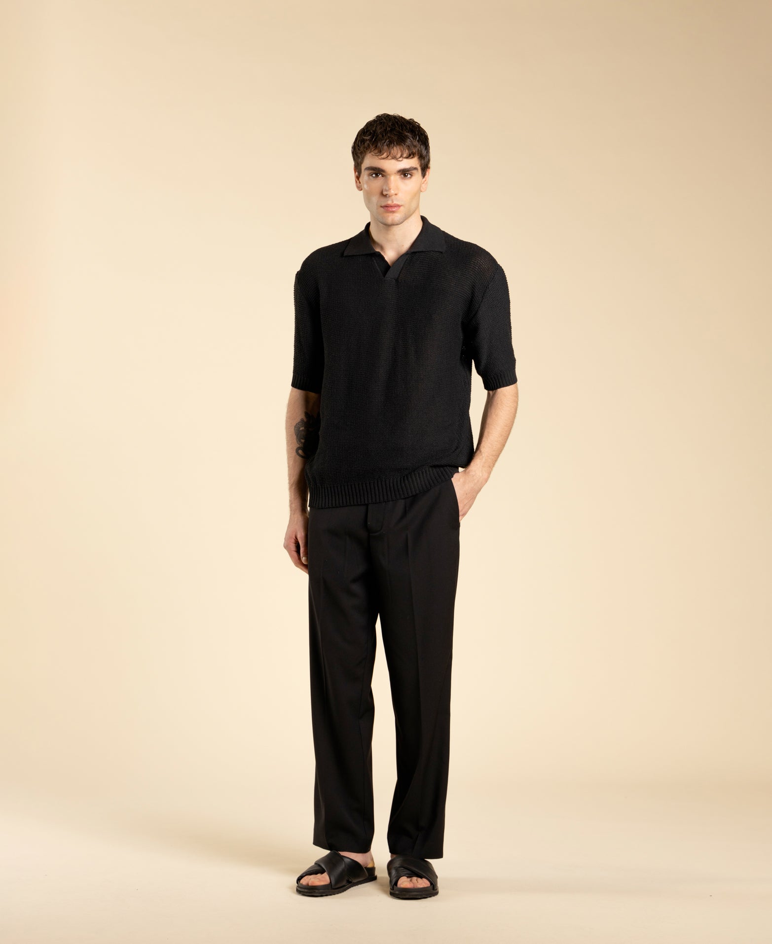 Regular-fit knitted polo shirt - Black
