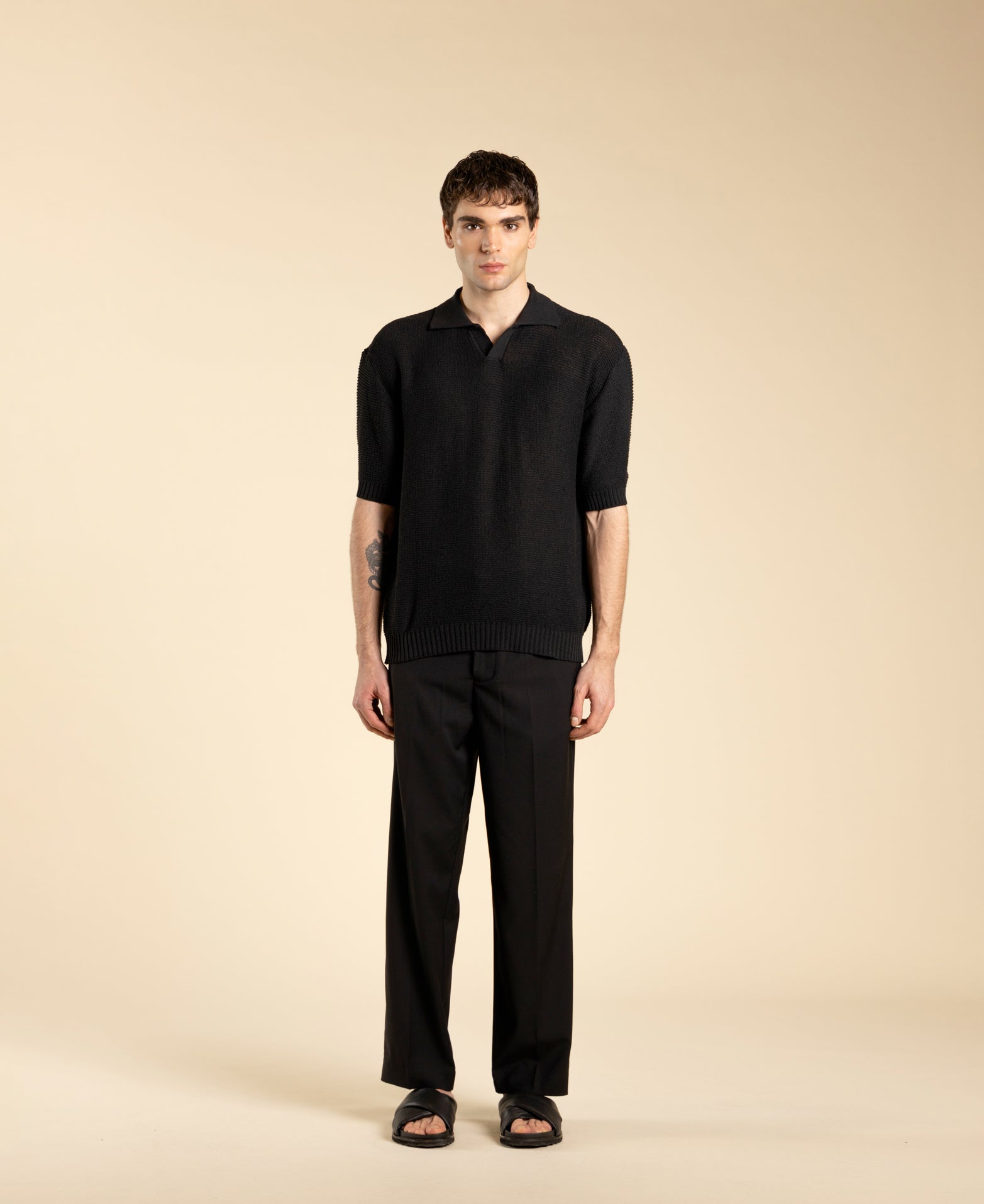 Regular-fit knitted polo shirt - Black