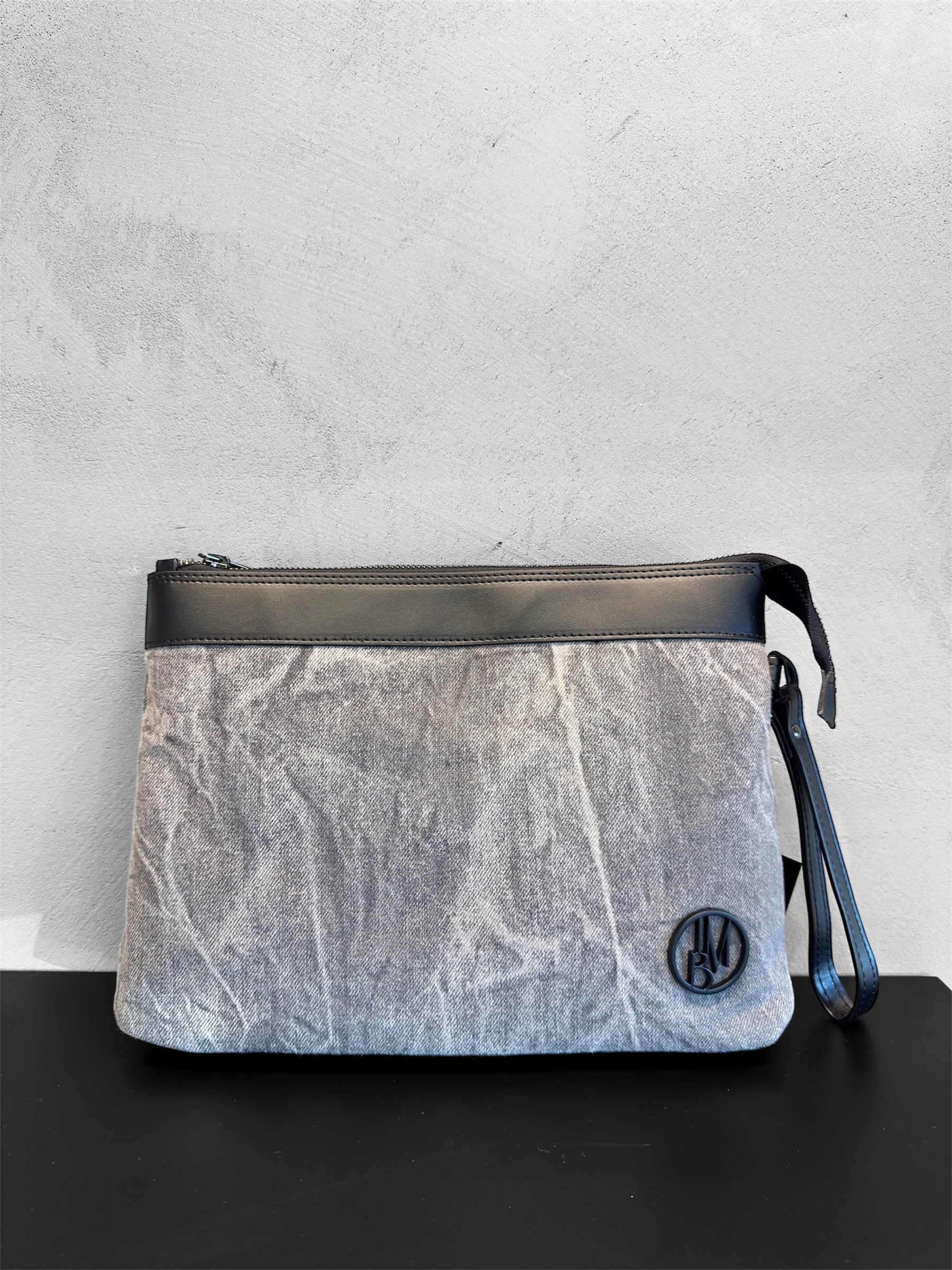 Gray denim clutch bag