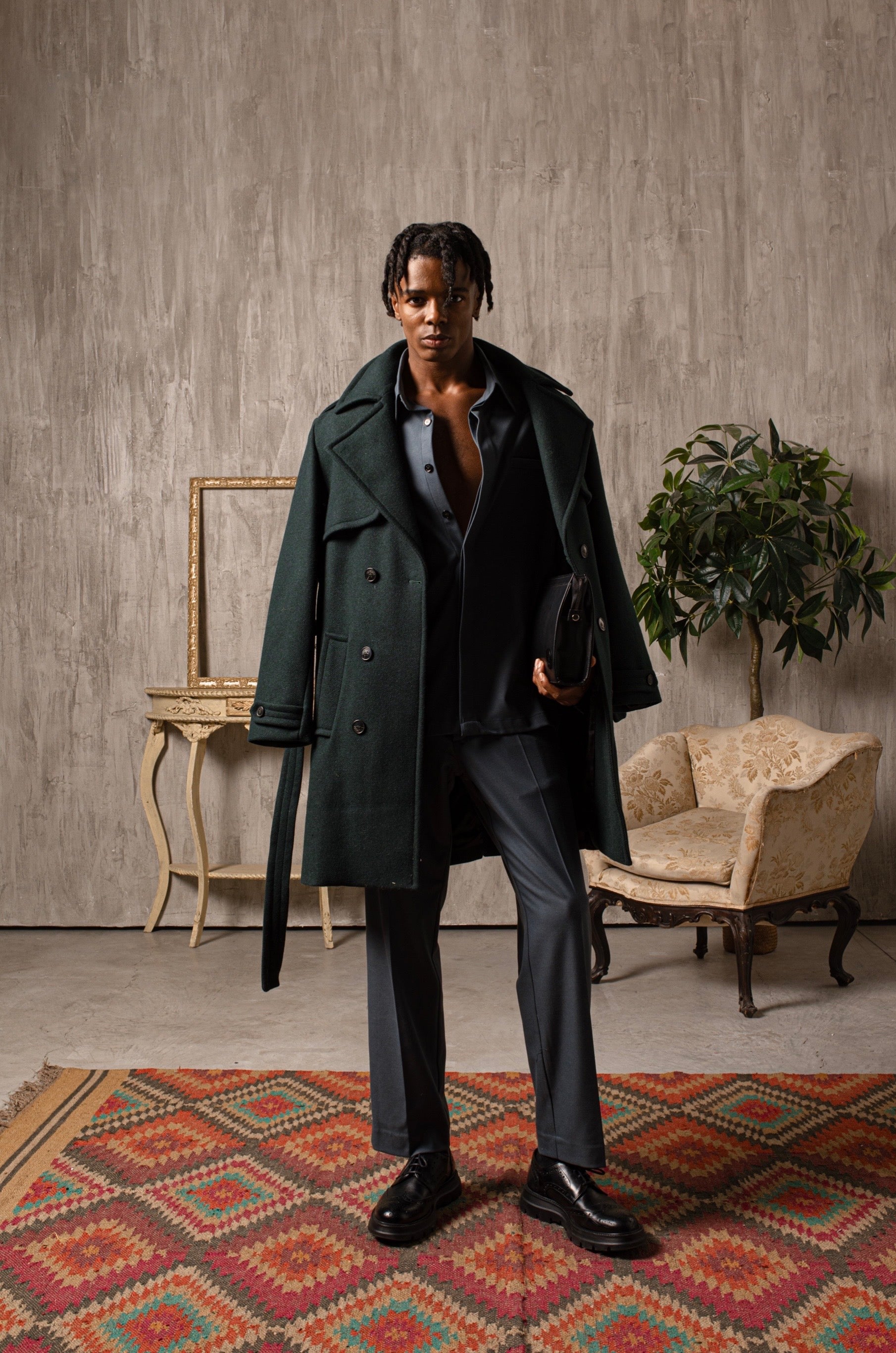 Double-breasted wool blend coat - Green