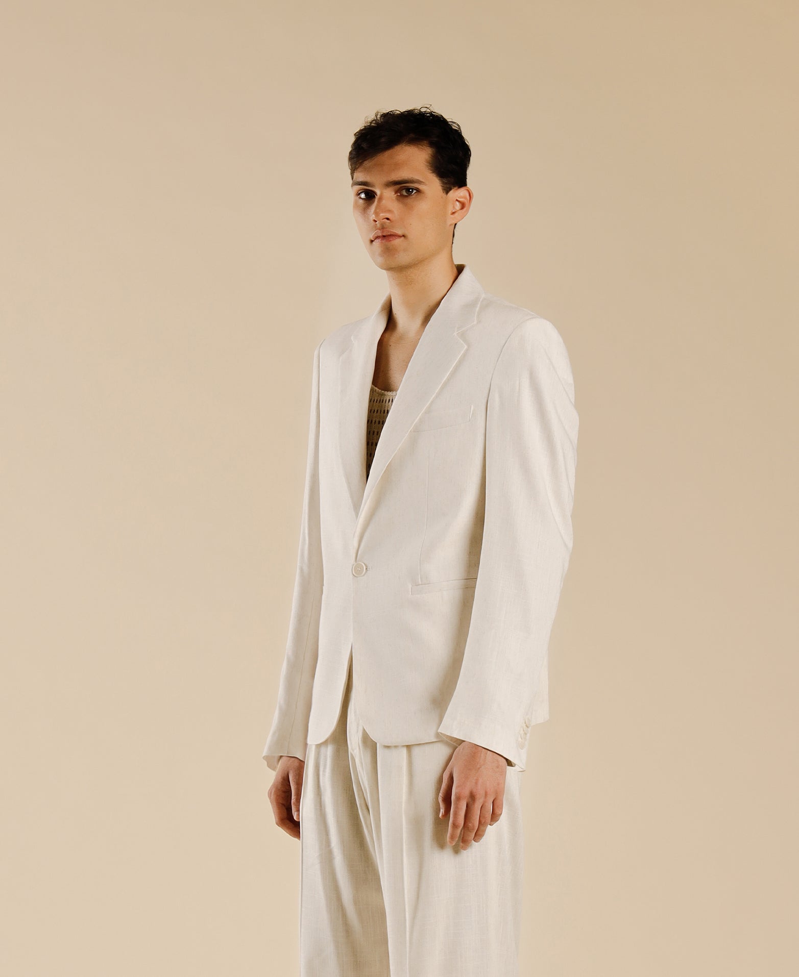 Single-breasted linen blend jacket - Cream