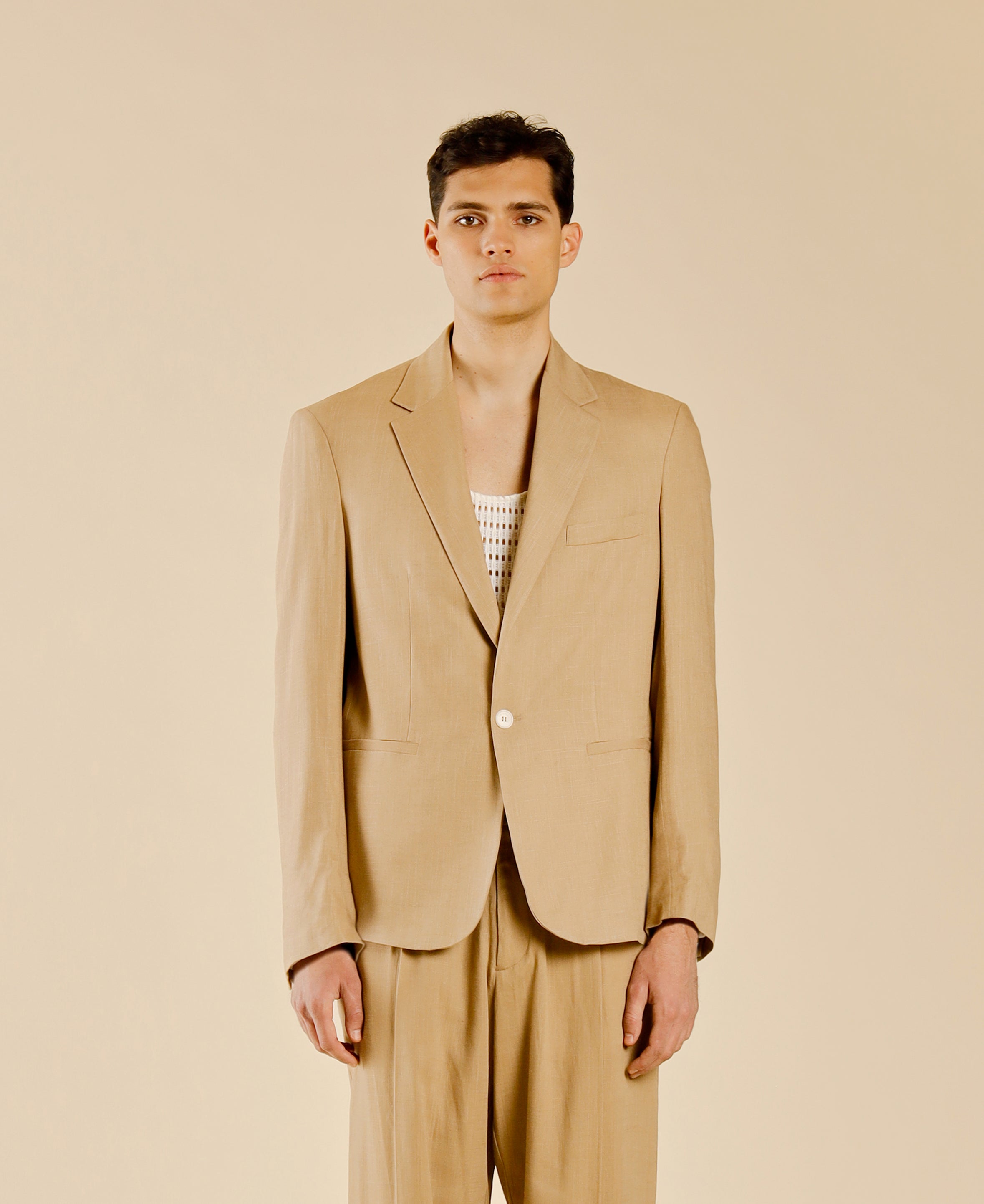 Single-Breasted Linen Blend Jacket - Beige