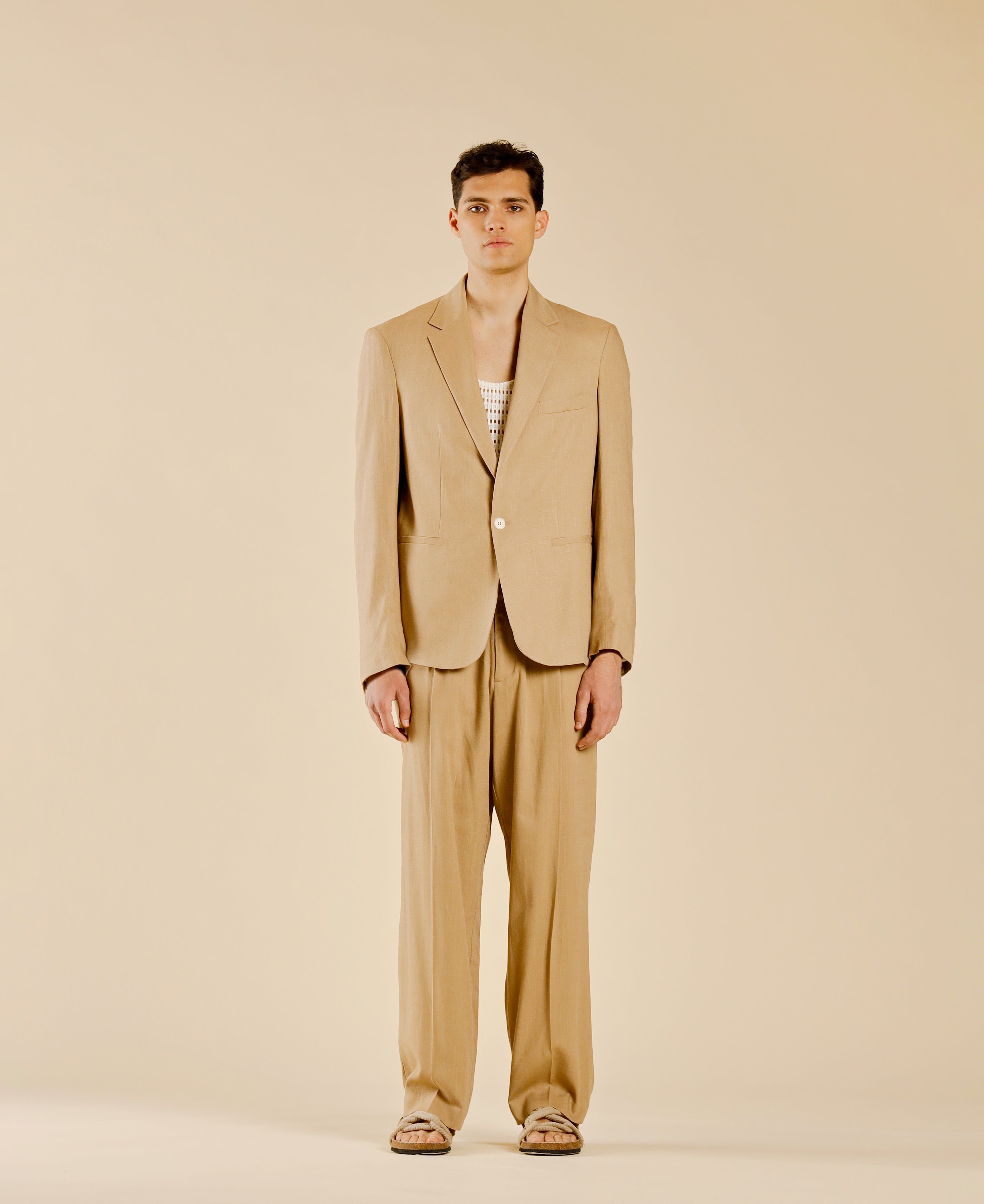 Single-Breasted Linen Blend Jacket - Beige