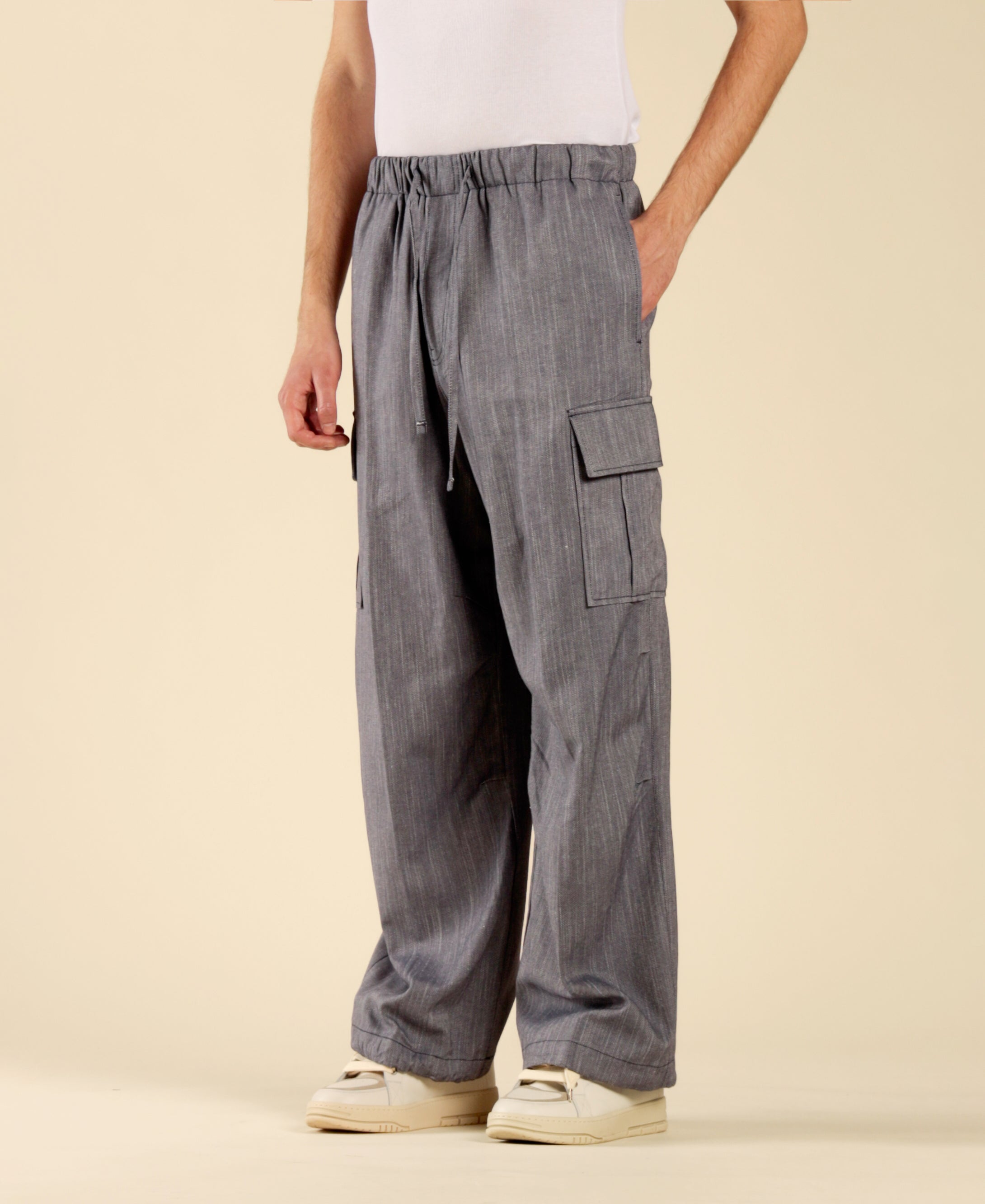 Denim-Effect Cotton Linen Cargo Pants - Blue