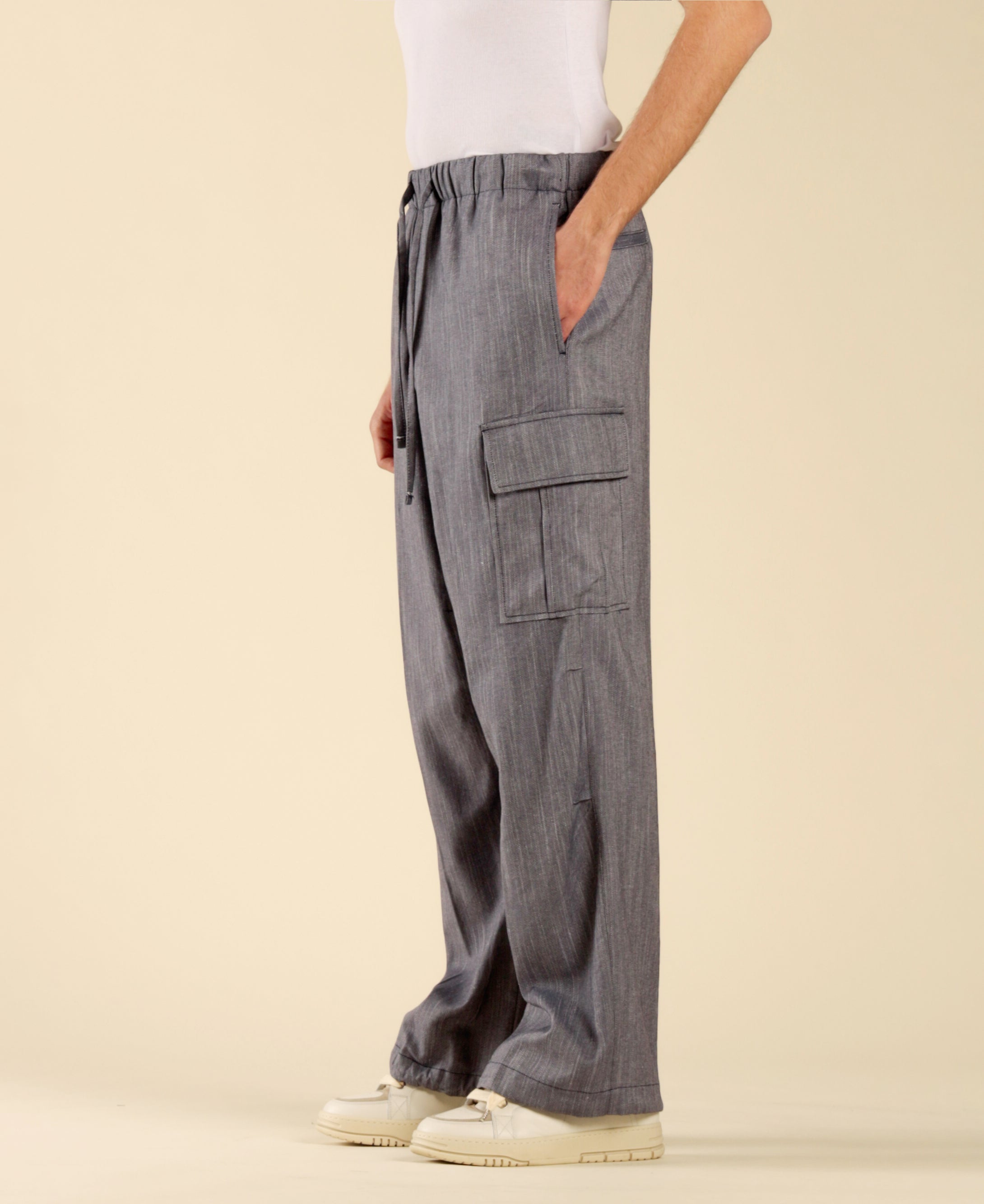 Denim-Effect Cotton Linen Cargo Pants - Blue