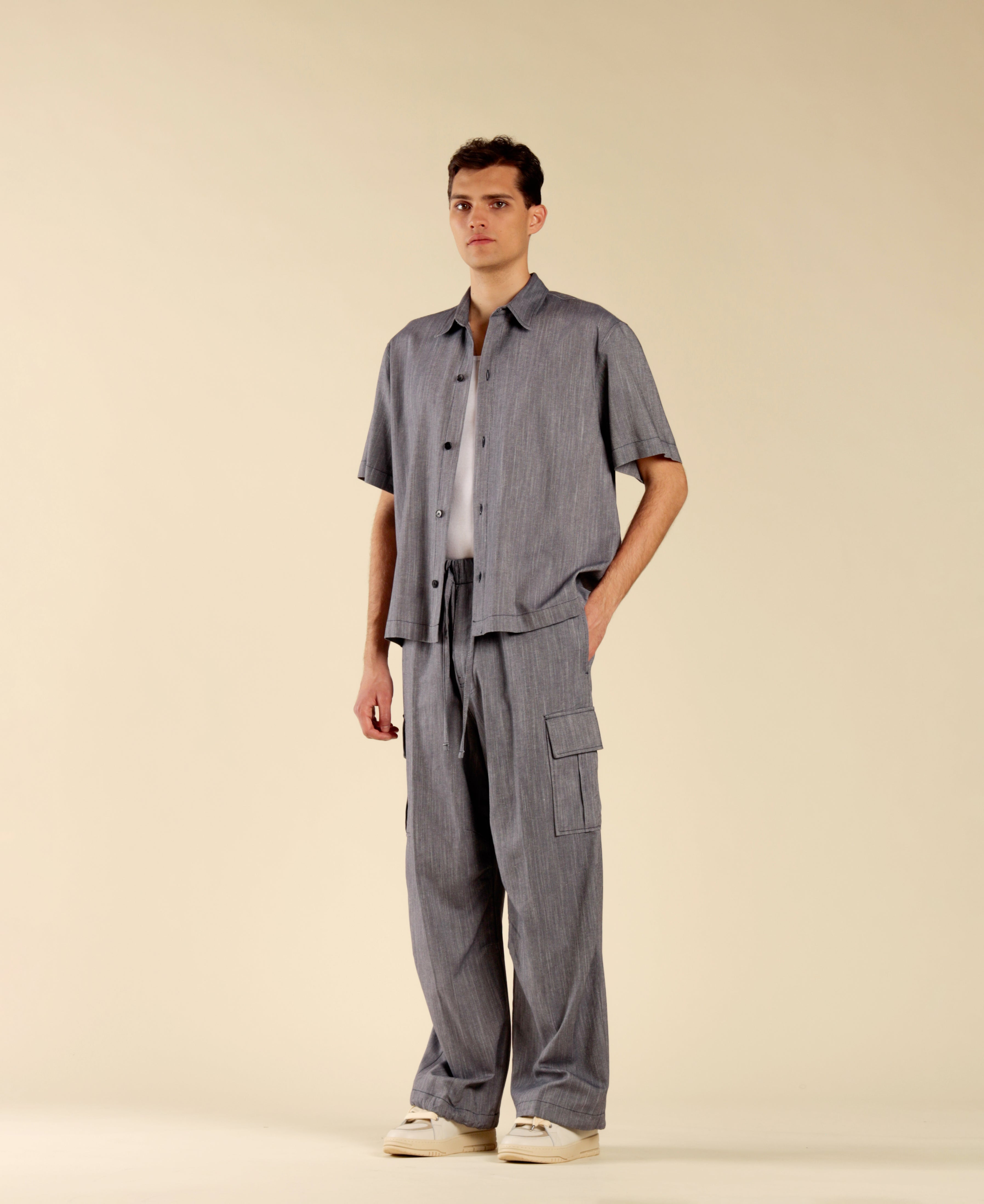 Denim-Effect Cotton Linen Shirt - Blue