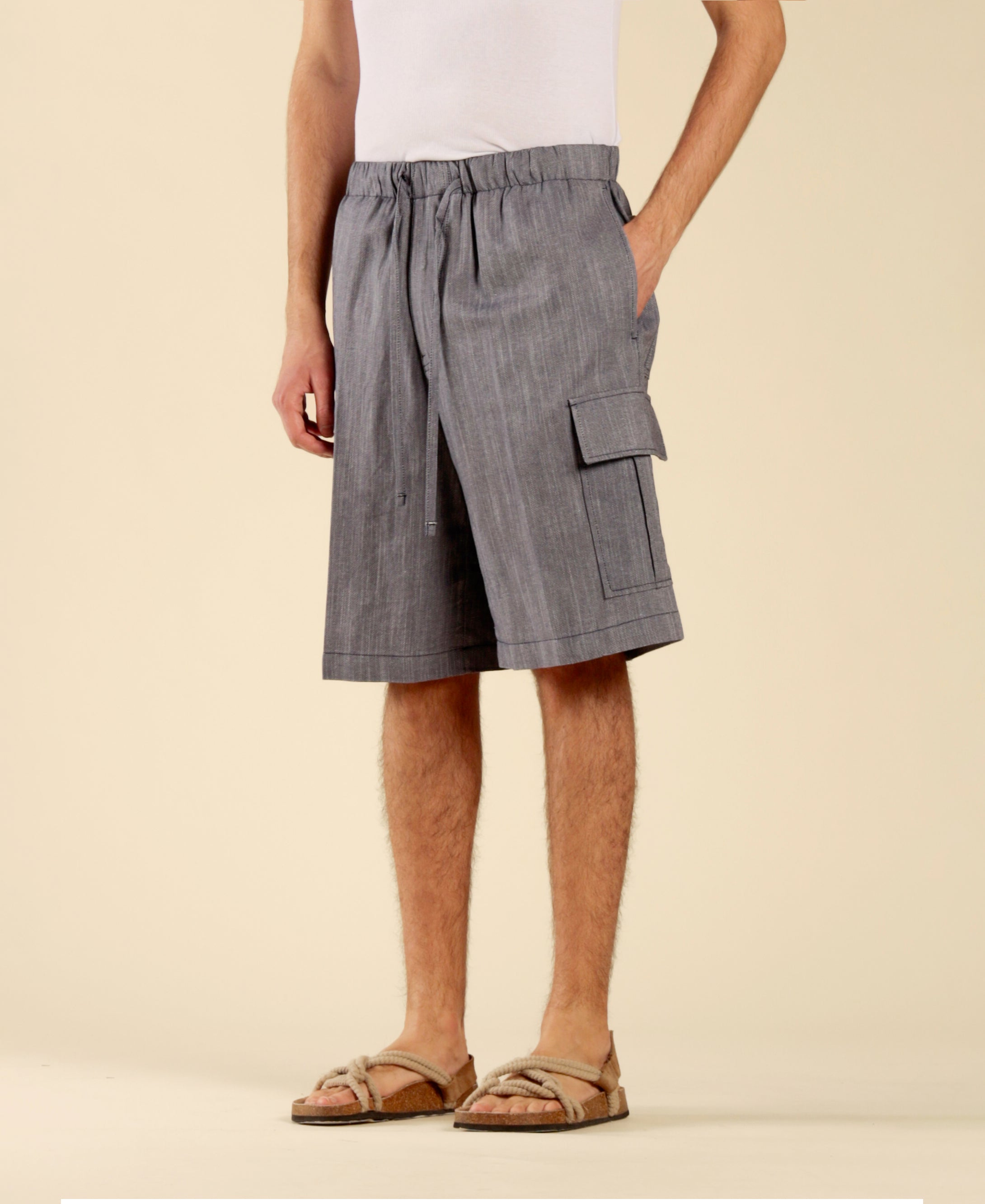 Denim-Effect Cotton Linen Bermuda Shorts - Blue