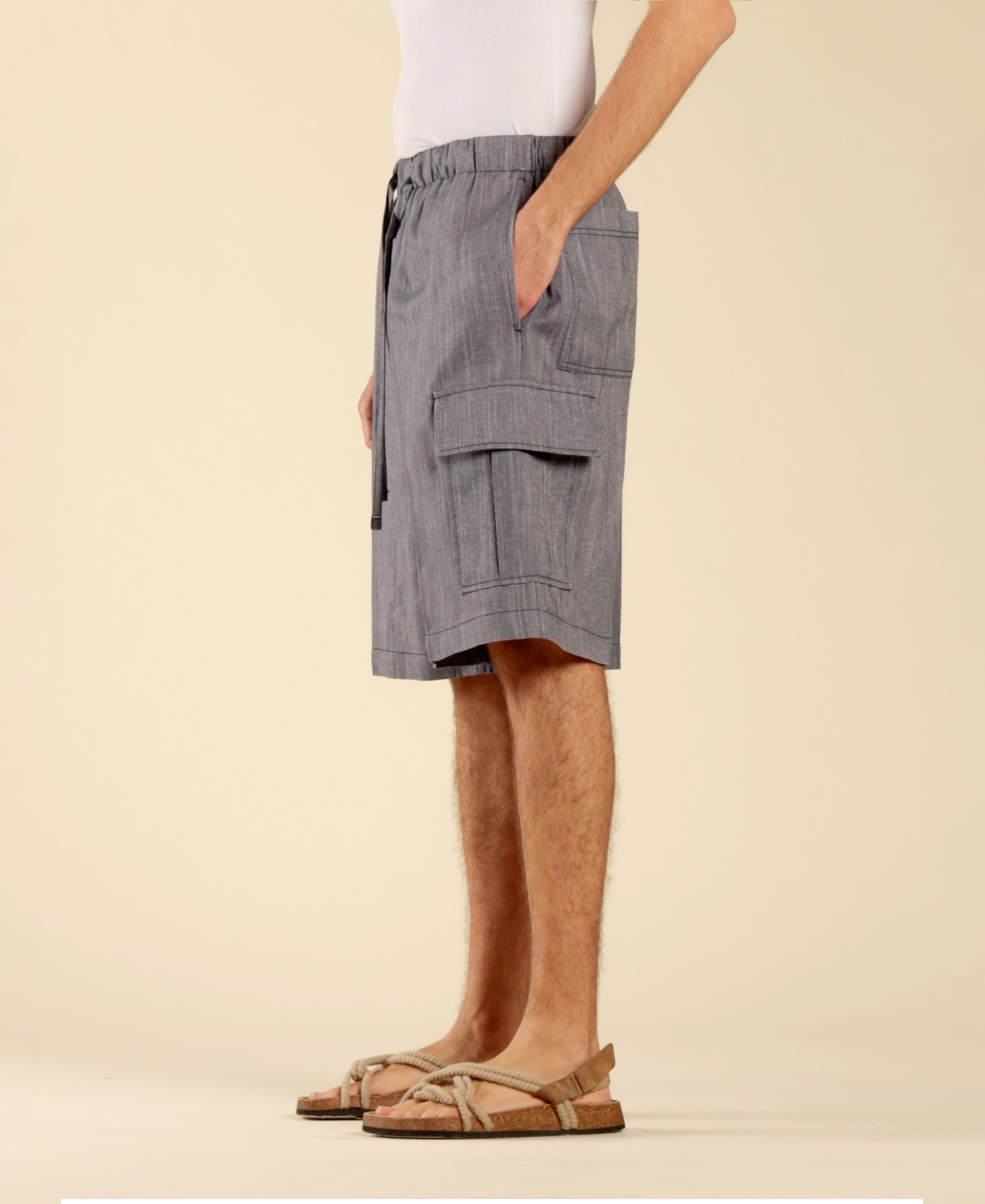 Denim-Effect Cotton Linen Bermuda Shorts - Blue